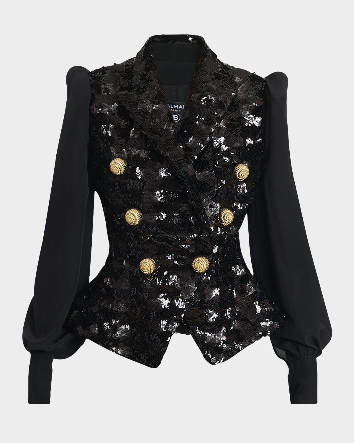 Sequined Double-Breasted Blazer with Muslin Sleeves - 1