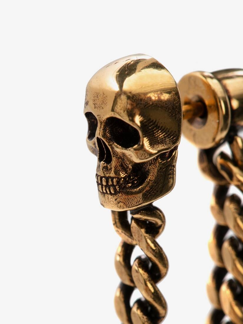 Skull Charm Chain Earrings in Antique Gold - 3