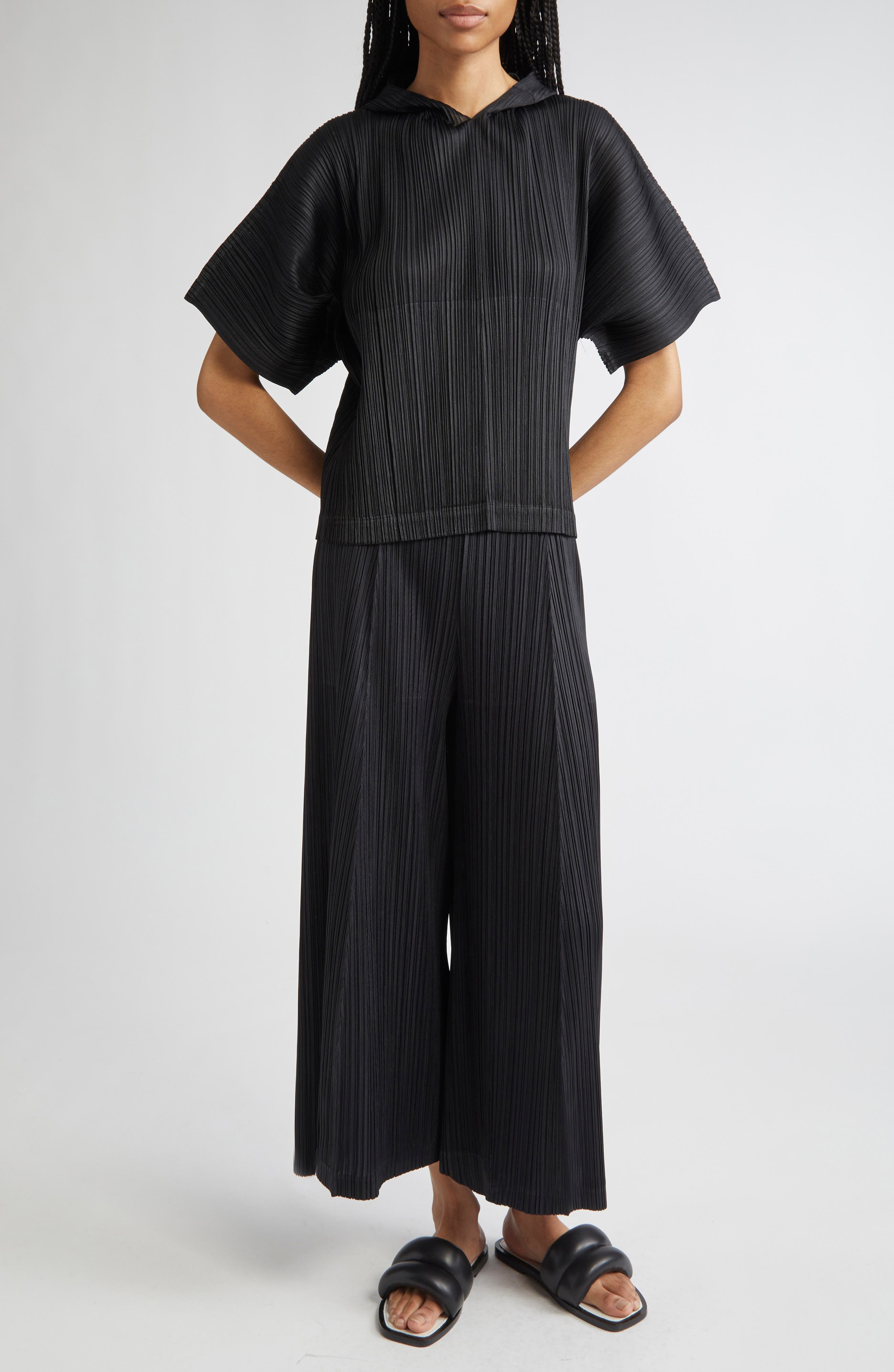 Pleats Please Issey Miyake Monthly Colors August Pleated Short Sleeve Hoodie in Black at Nordstrom - 2