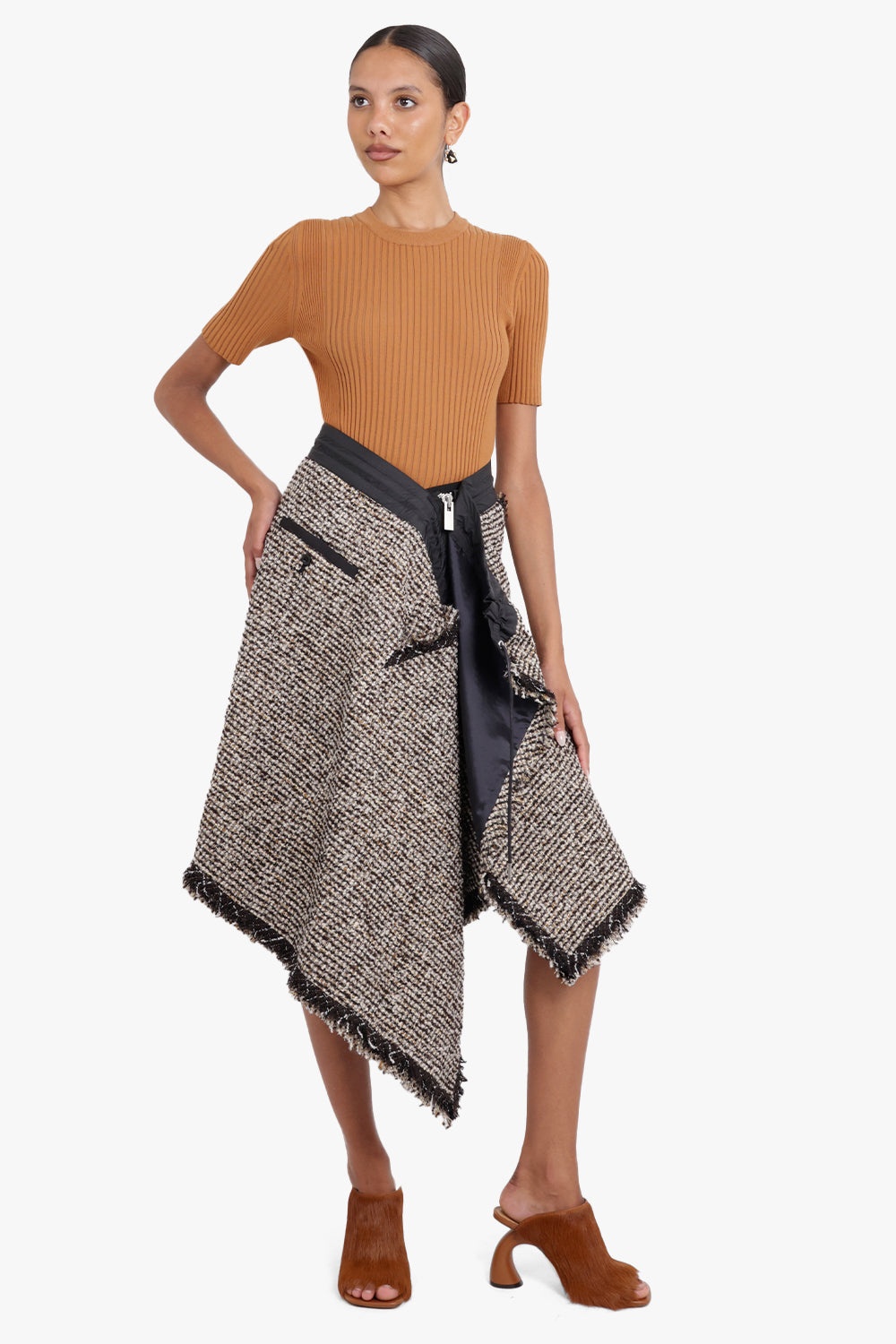 ASYMMETRIC TWEED SKIRT | BROWN - 2