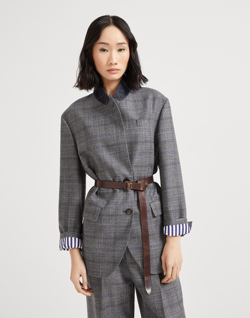 Virgin wool Prince of Wales blazer with leather belt and monili - 1