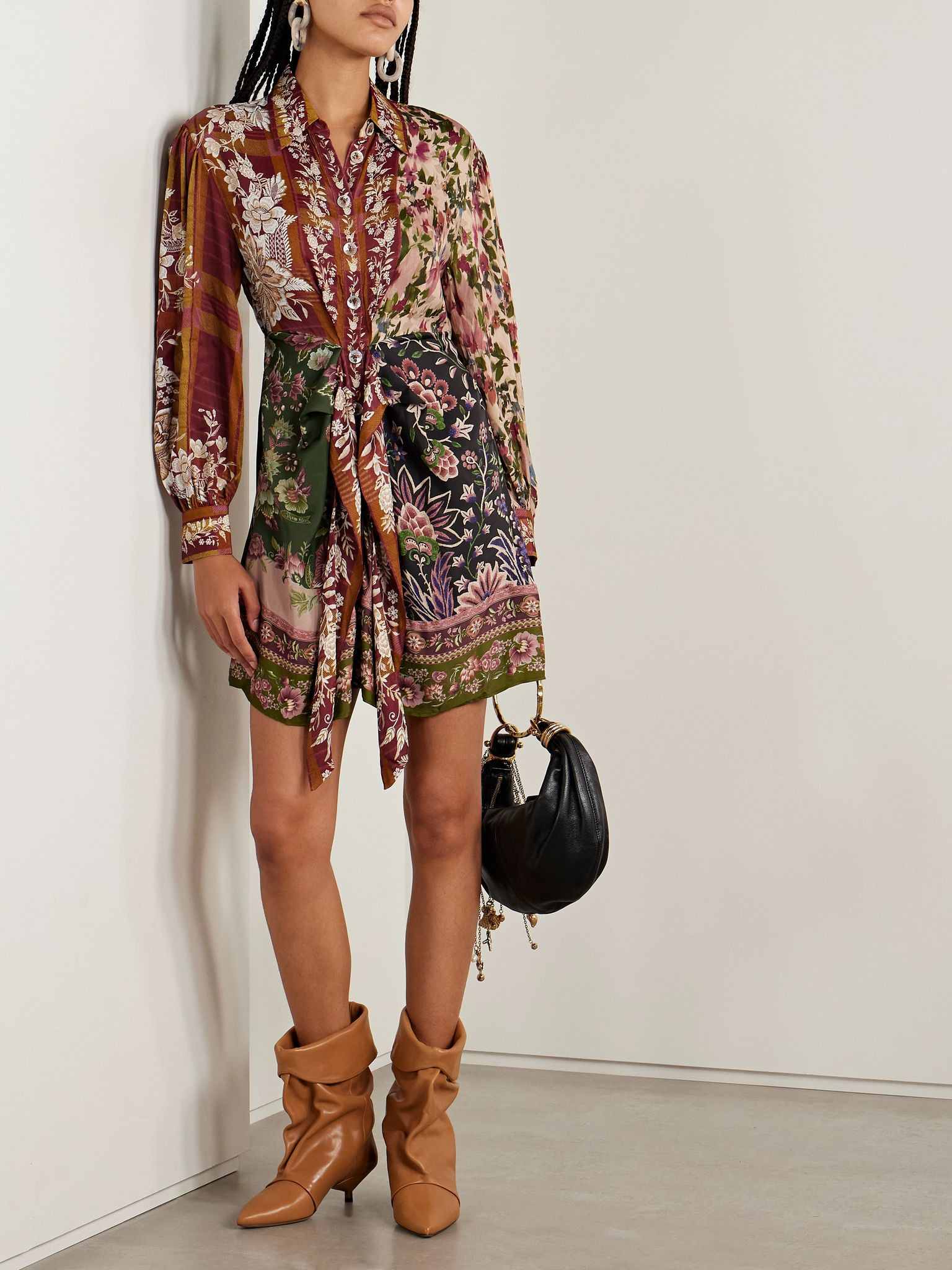 Tie-detailed floral-print twill mini shirt dress Multi - 2