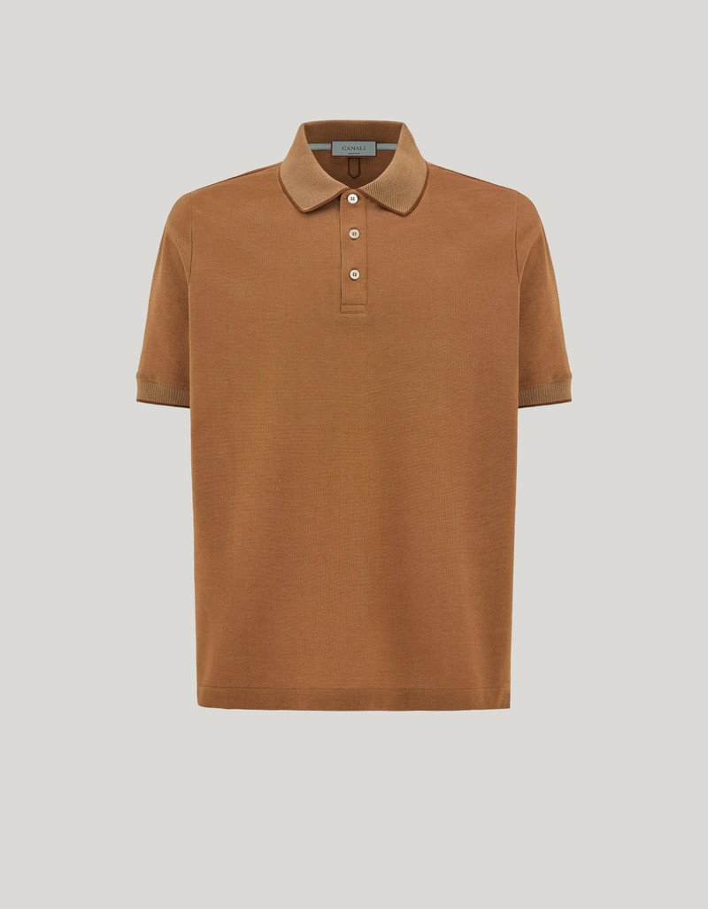 CARAMEL COTTON PIQUÉ POLO SHIRT WITH CONTRASTING TRIM 1