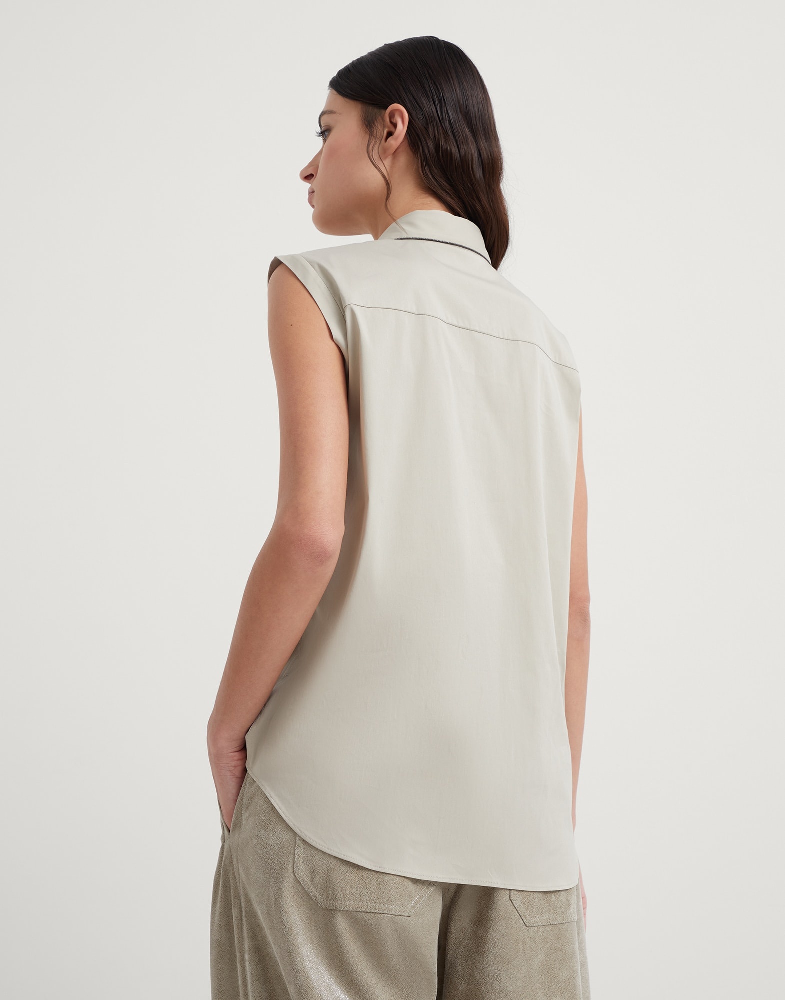 Stretch cotton poplin sleeveless shirt with shiny trim - 2