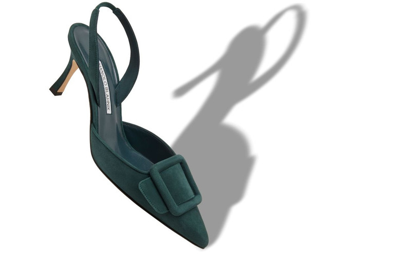 Manolo Blahnik Dark Green Suede Buckle Detail Slingback Pumps outlook