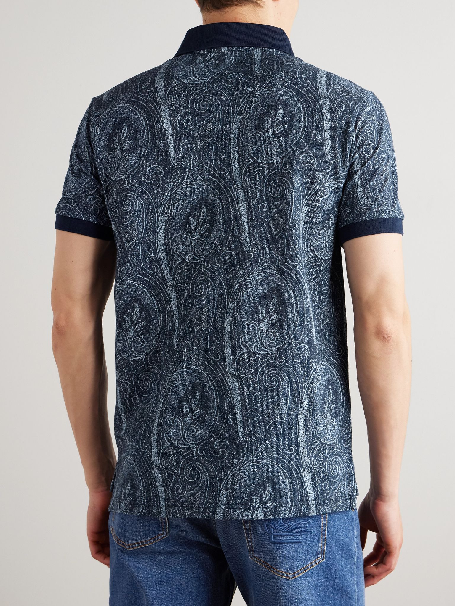 Roma Slim-Fit Logo-Embroidered Paisley-Print Cotton-Piqué Polo Shirt Blue - 4