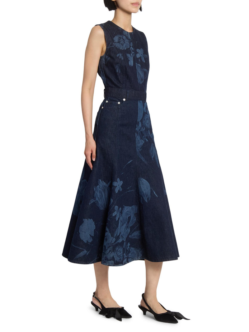 Women's Denim Floral Fluted Midi-Dress - Dutch Flower Painting Indigo 4