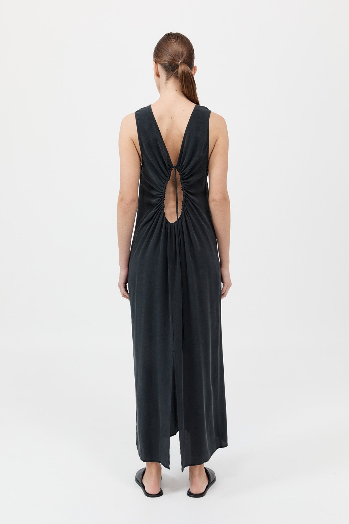 Drawstring Silk Dress - Black - 4