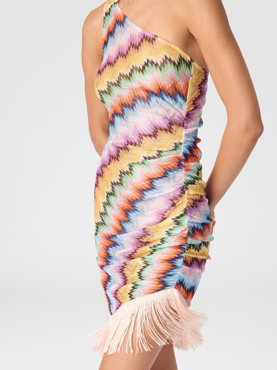 One-Shoulder Cover-Up with Fringes and Faded Stripes - 4