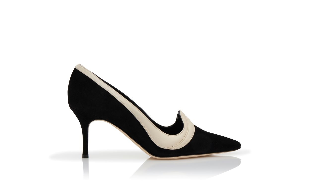 Black and Light Cream Suede Pointed Toe Pumps - 1