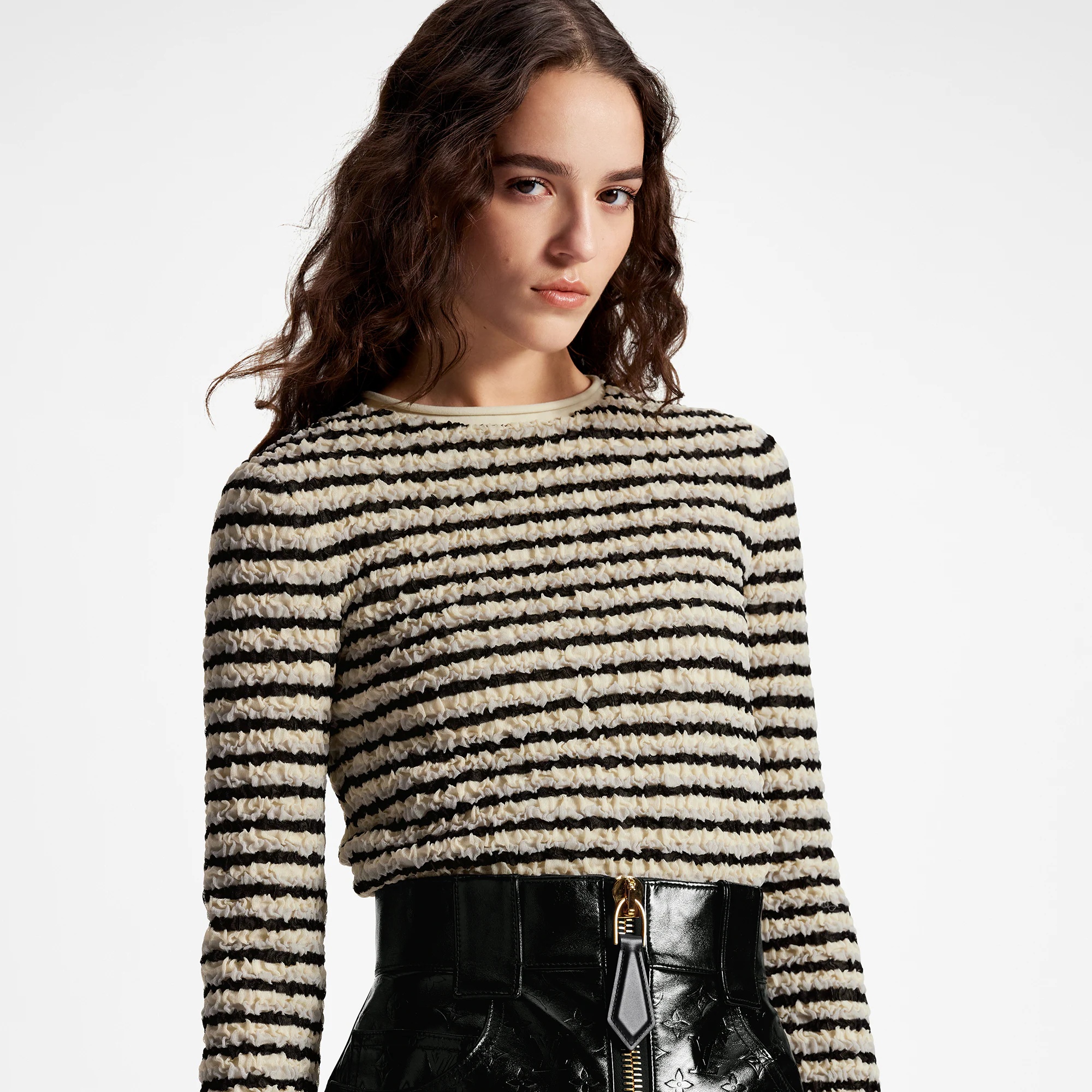 Crinkle Knit Striped Long-Sleeve Top - 2