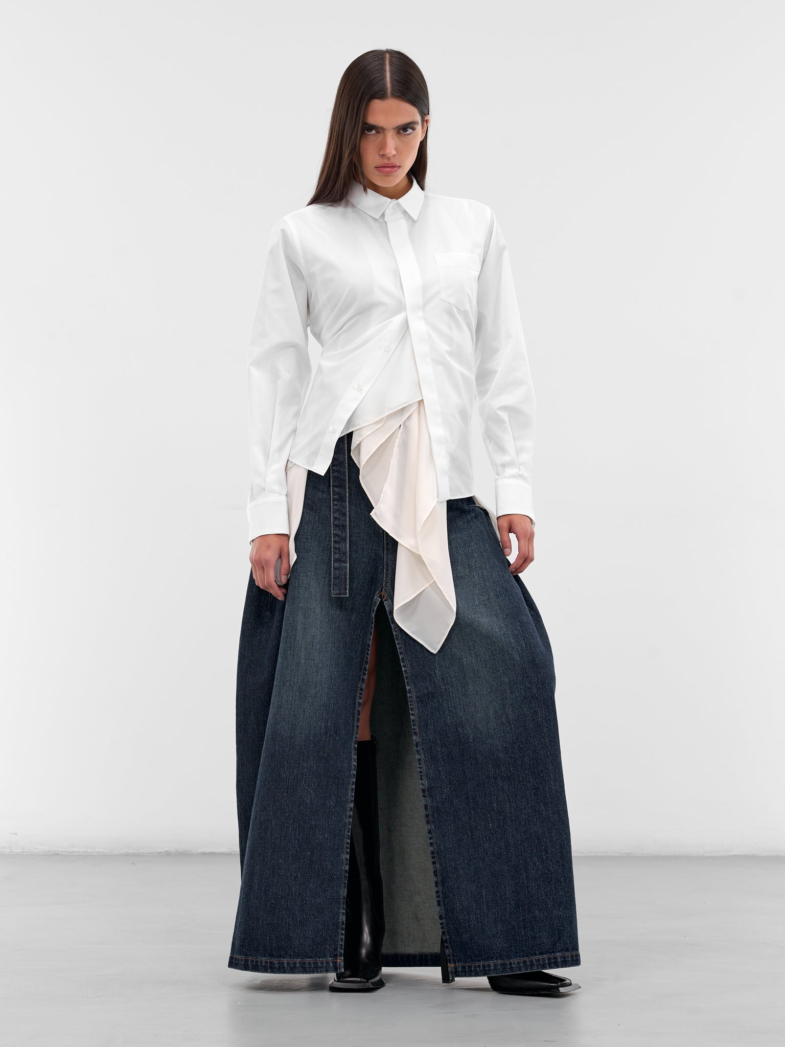White Poplin Layered Drape Shirt - 6