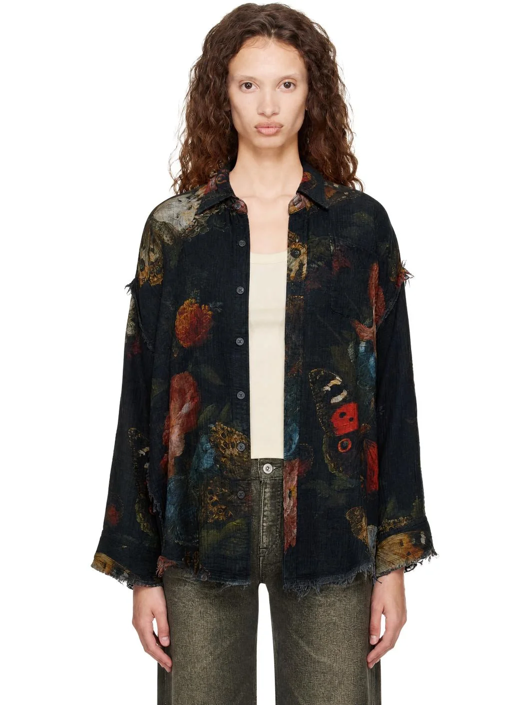 Black Reversible Shredded Seam Drop Neck Shirt - 1