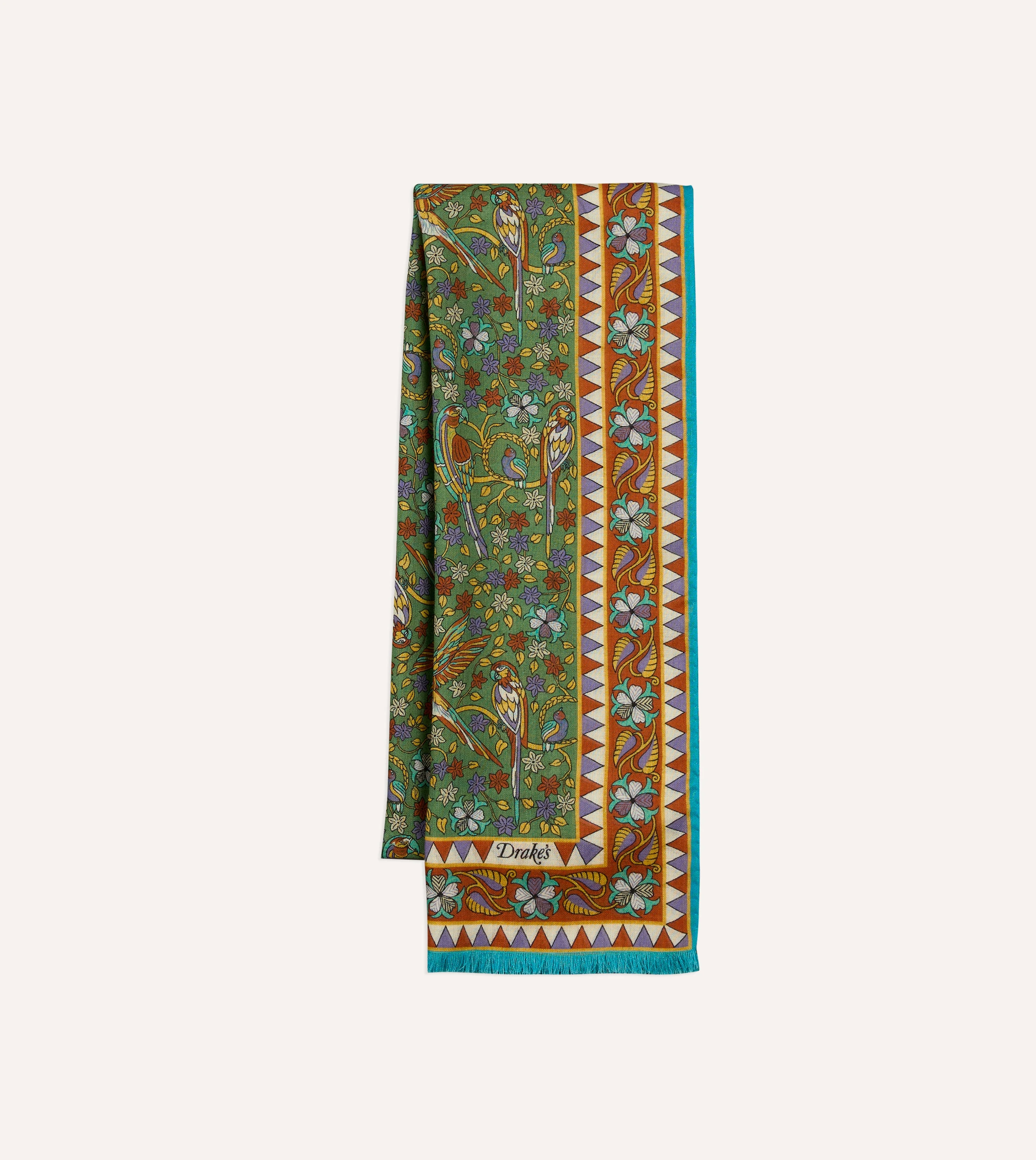Green Birds and Flowers Print Wool-Silk Scarf - 1