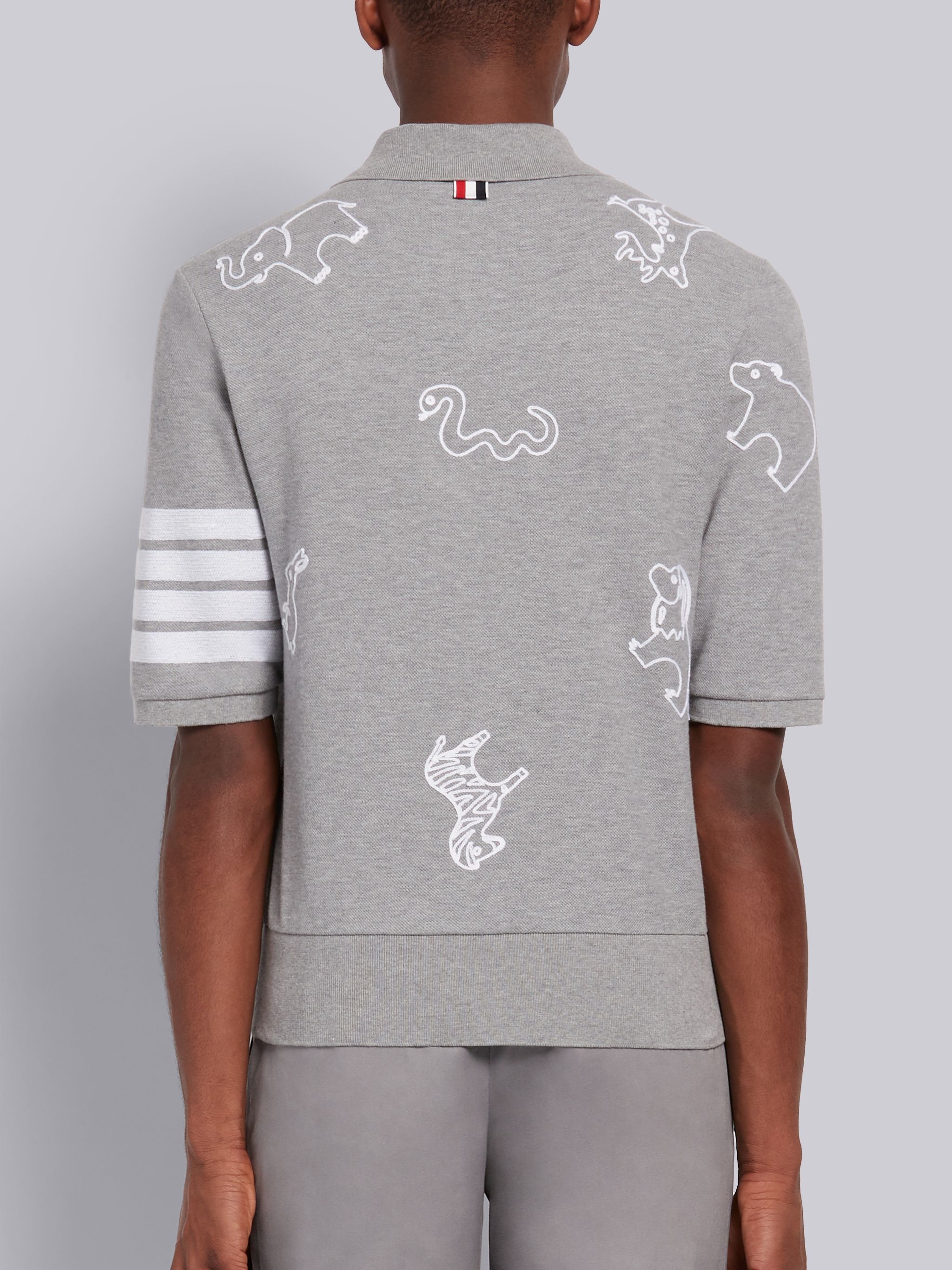 Light Grey Cotton Pique Multi-Animal Icon V-Neck 4-Bar Polo - 3