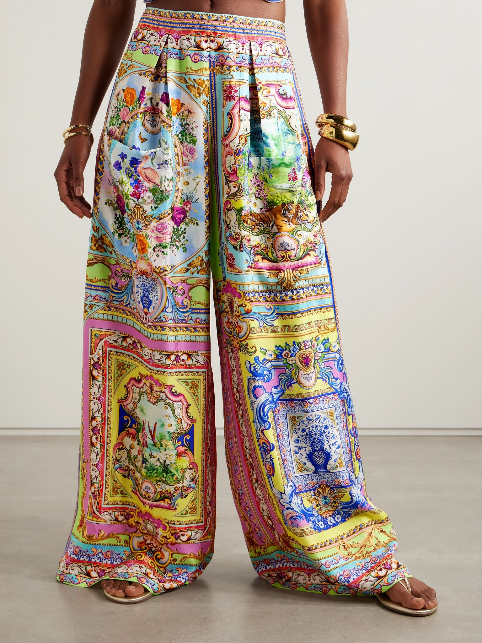 Pleated crystal-embellished printed silk-twill wide-leg pants Multi - 3
