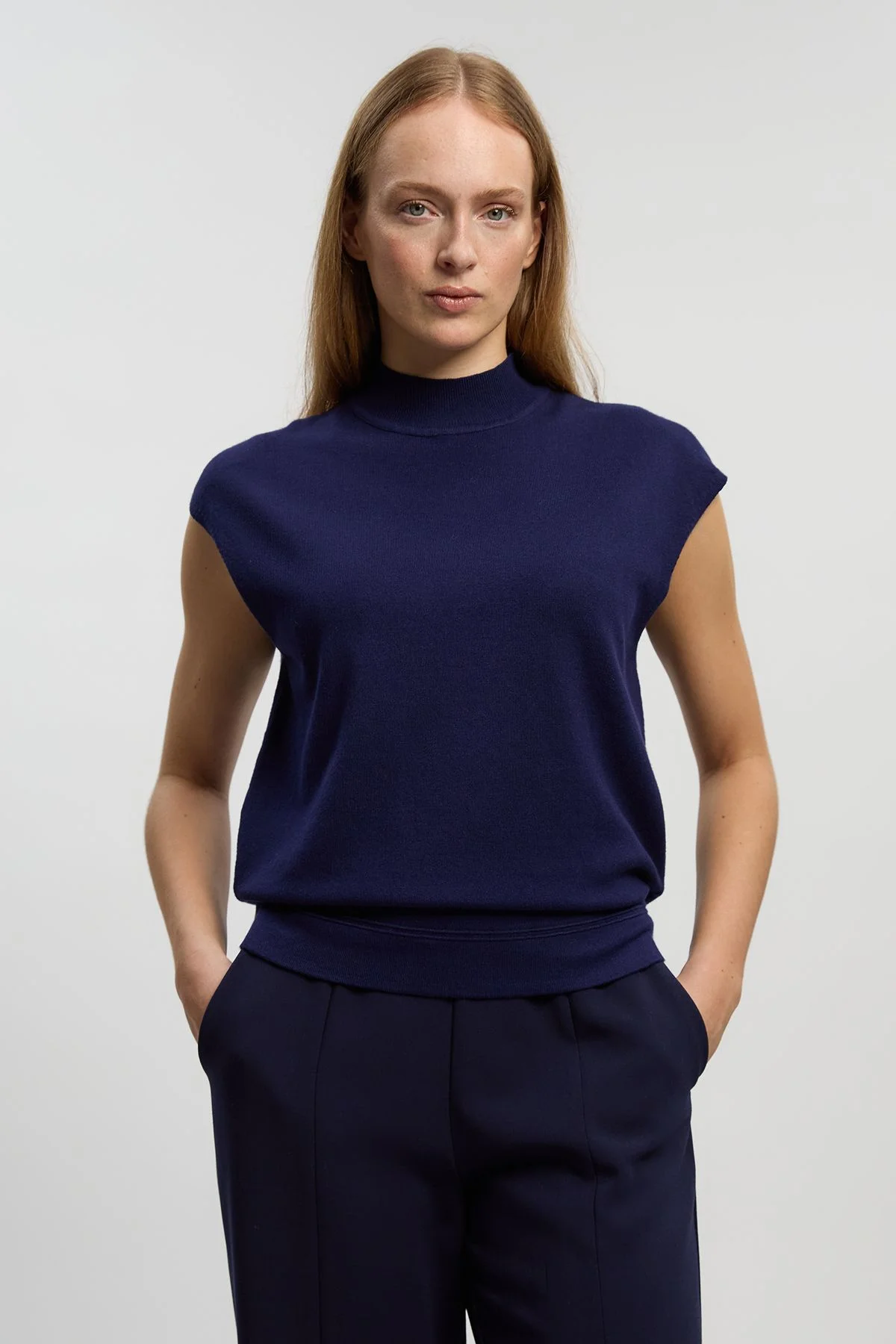 Viscose Blend High Neck Knitted Tank Top - 1