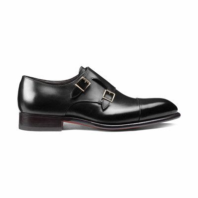 Santoni Men's black leather double-buckle shoe outlook