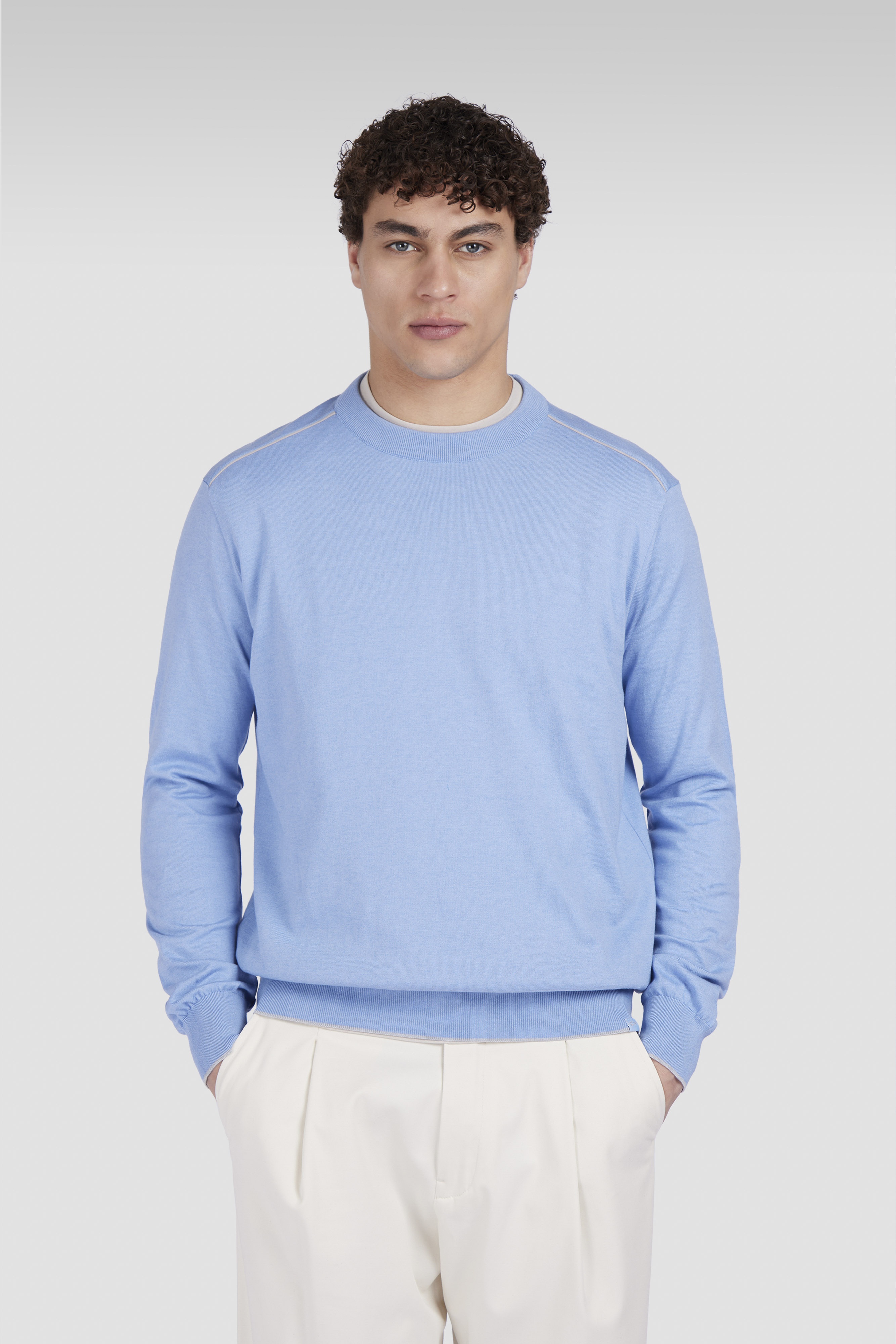 CREW NECK SWEATER IN COTTON AND CASHMERE WITH LEATHER TRIMS - 7