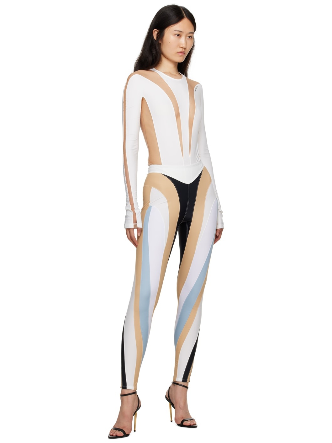 White & Beige Illusion Bodysuit - 5