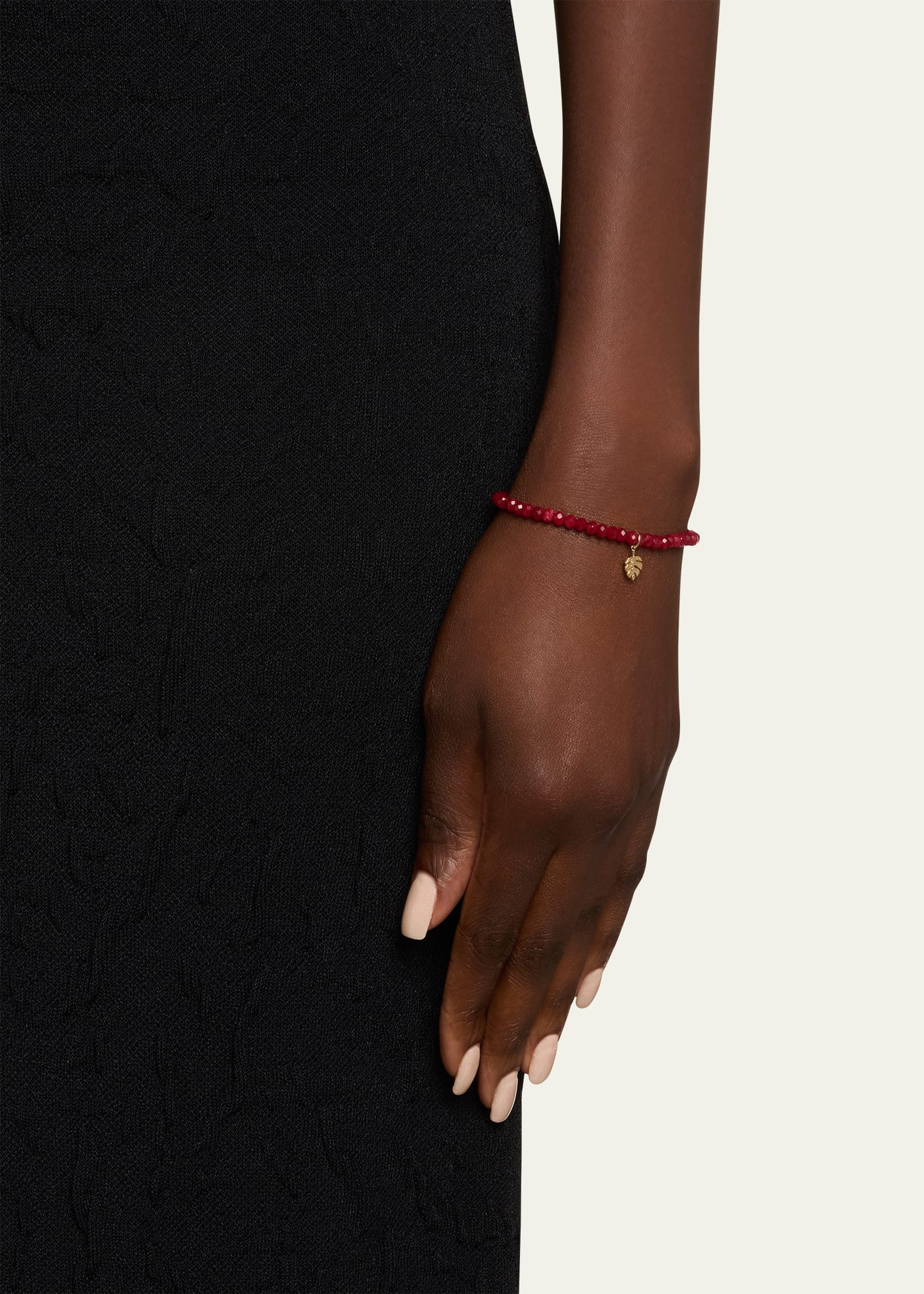 14K Tiny Monstera Leaf Charm on Dark Red Jade Bracelet - 2
