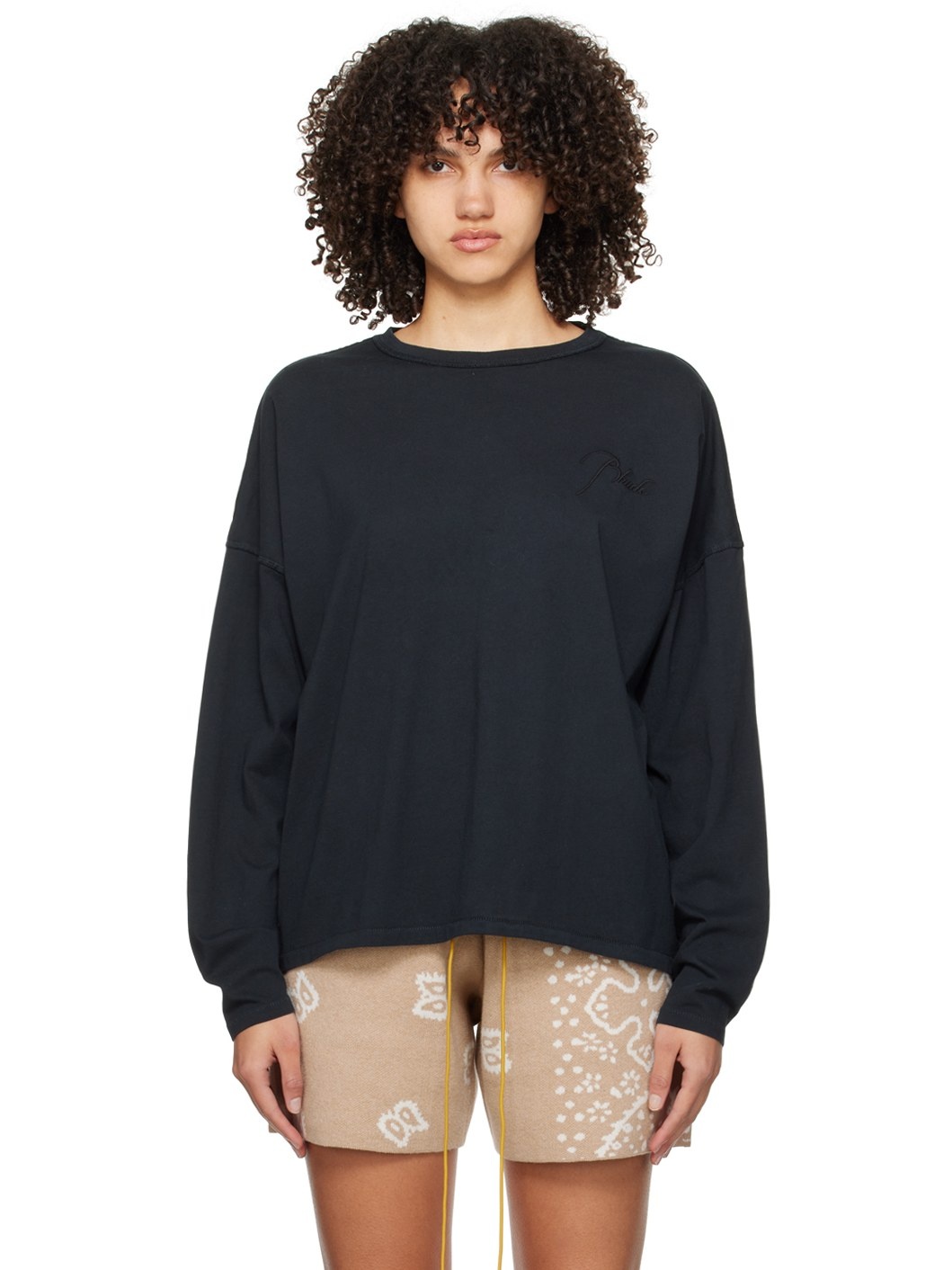 Black Embroidered Long Sleeve T-Shirt - 1