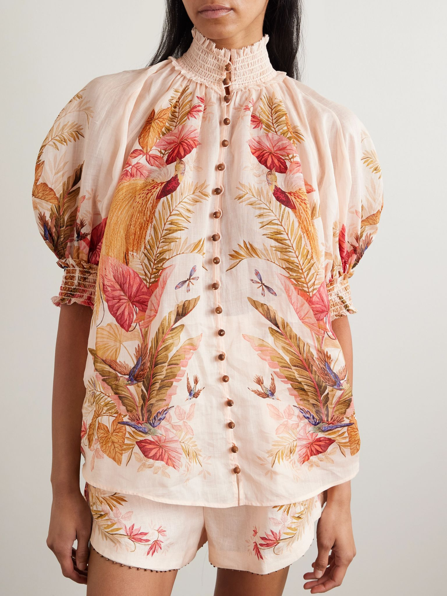 Ascension embellished shirred floral-print ramie blouse Cream - 3
