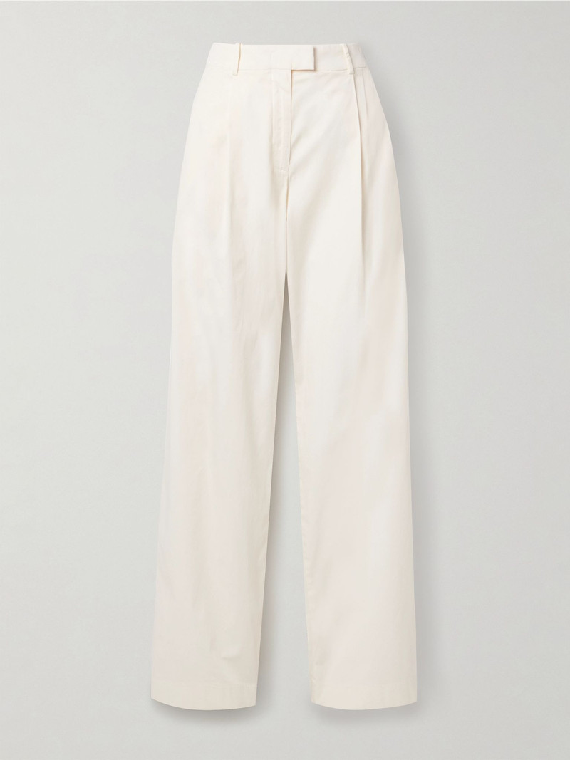 Pleated organic cotton-blend poplin wide-leg pants Off-white 1
