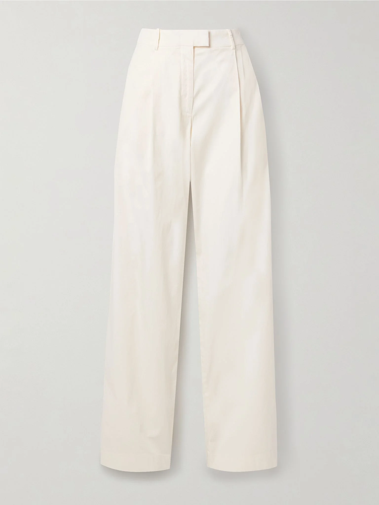 Pleated organic cotton-blend poplin wide-leg pants Off-white - 1