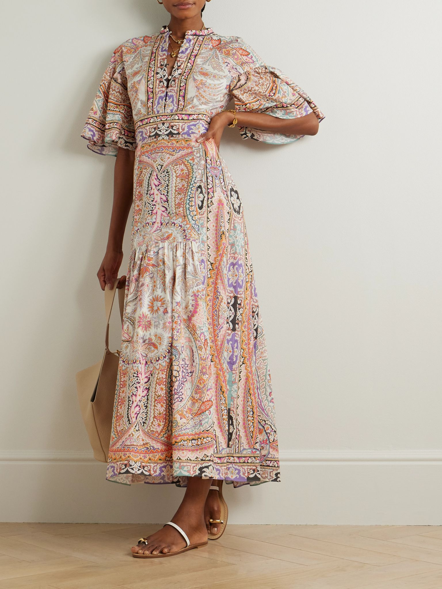 Ruffled paisley-print cotton-blend poplin maxi dress Baby pink - 2