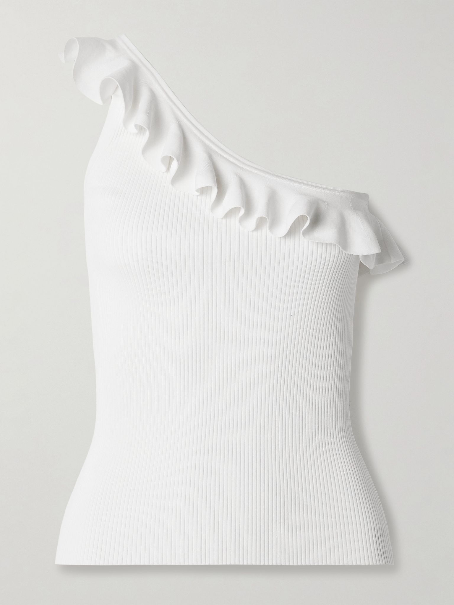 Rhiannon one-shoulder ruffled ribbed-knit top Ivory - 1