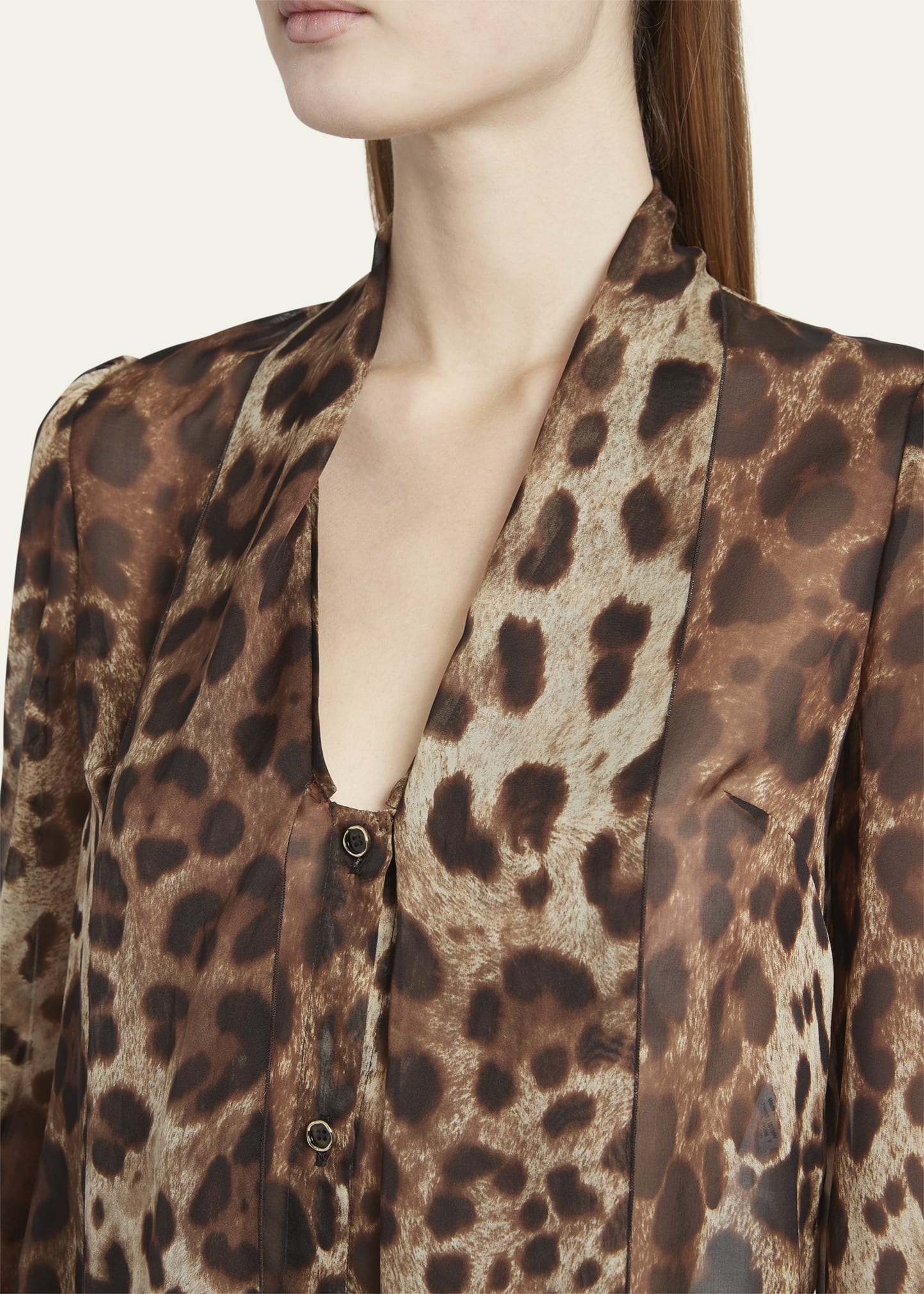 Leopard Print Tie-Neck Chiffon Blouse - 5