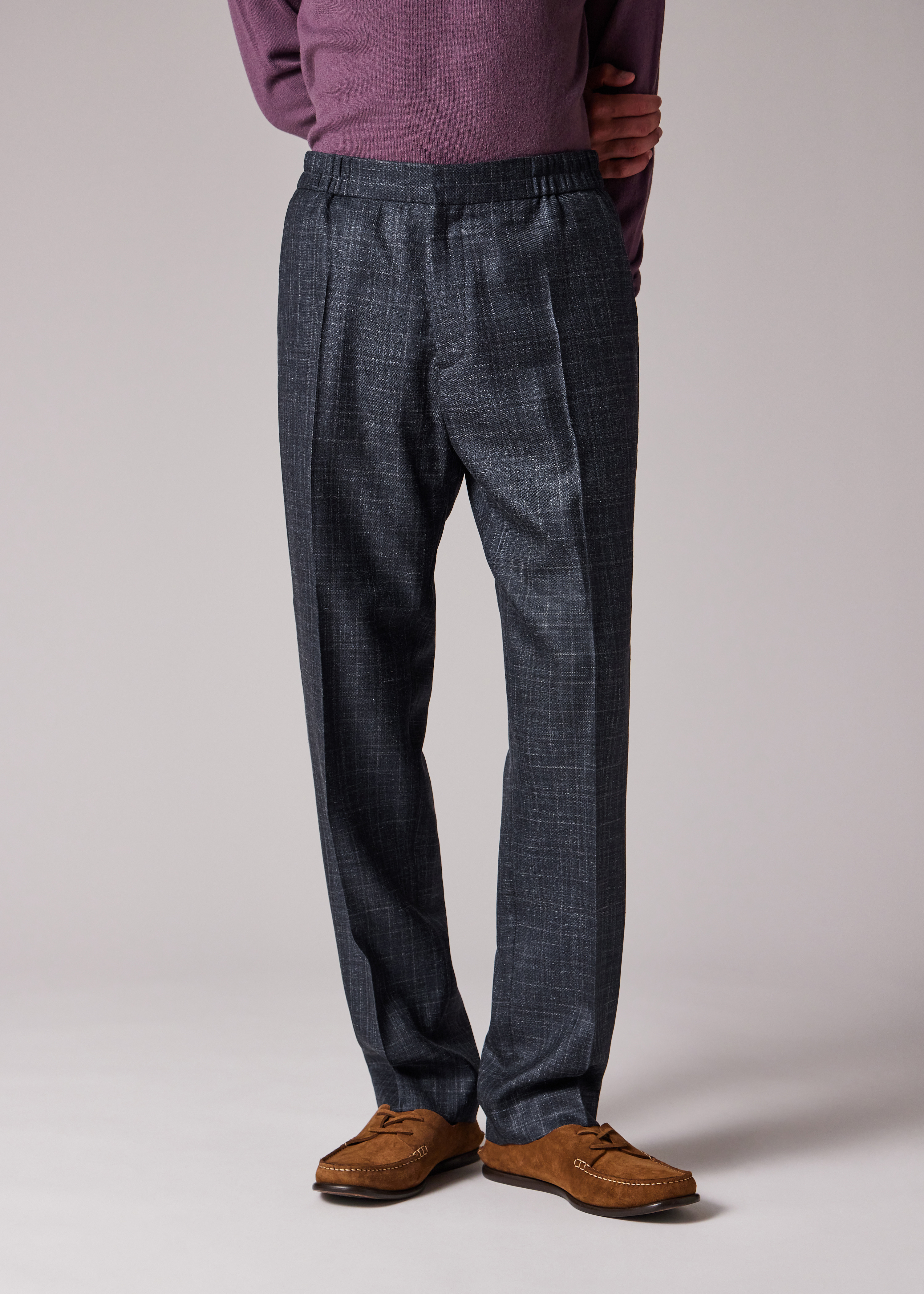 Navy Wool-Silk Elasticated-Waist Trousers - 5