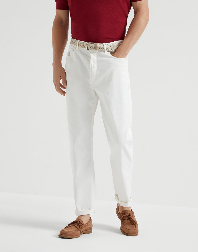 Garment-dyed iconic fit five-pocket trousers in comfort cotton lightweight denim 1