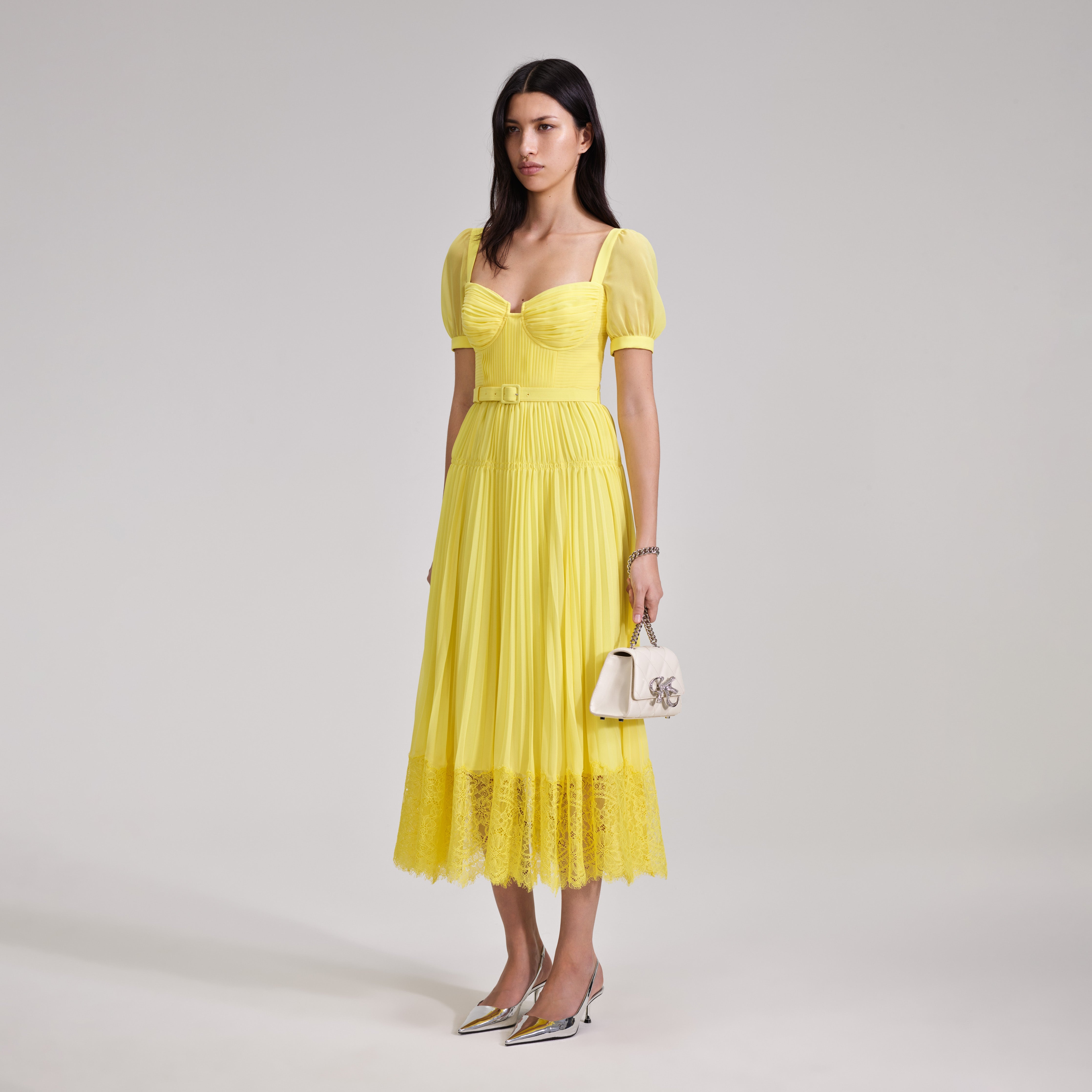 Yellow Chiffon Tea Length Dresses