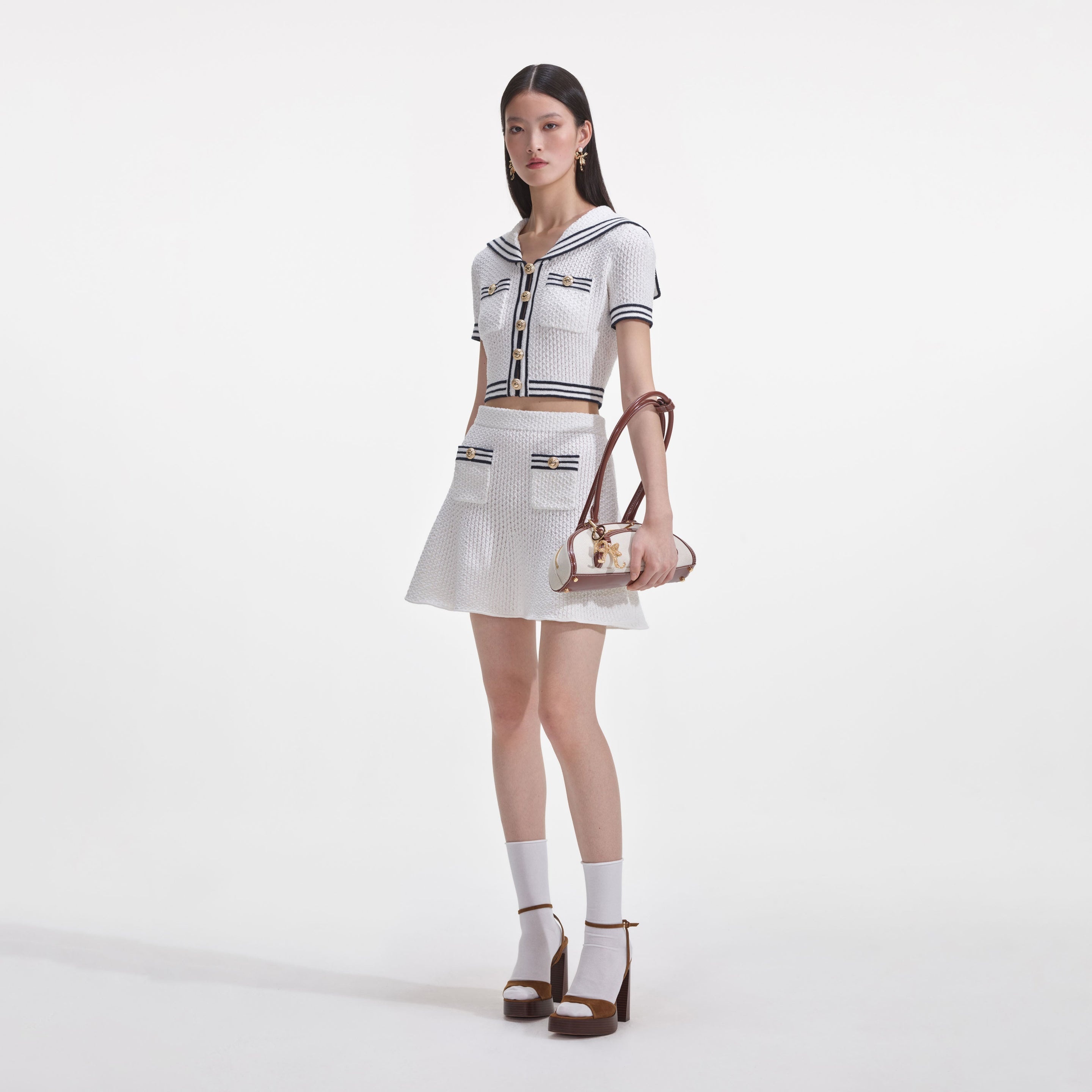 White Textured Knit Mini Skirt - 2