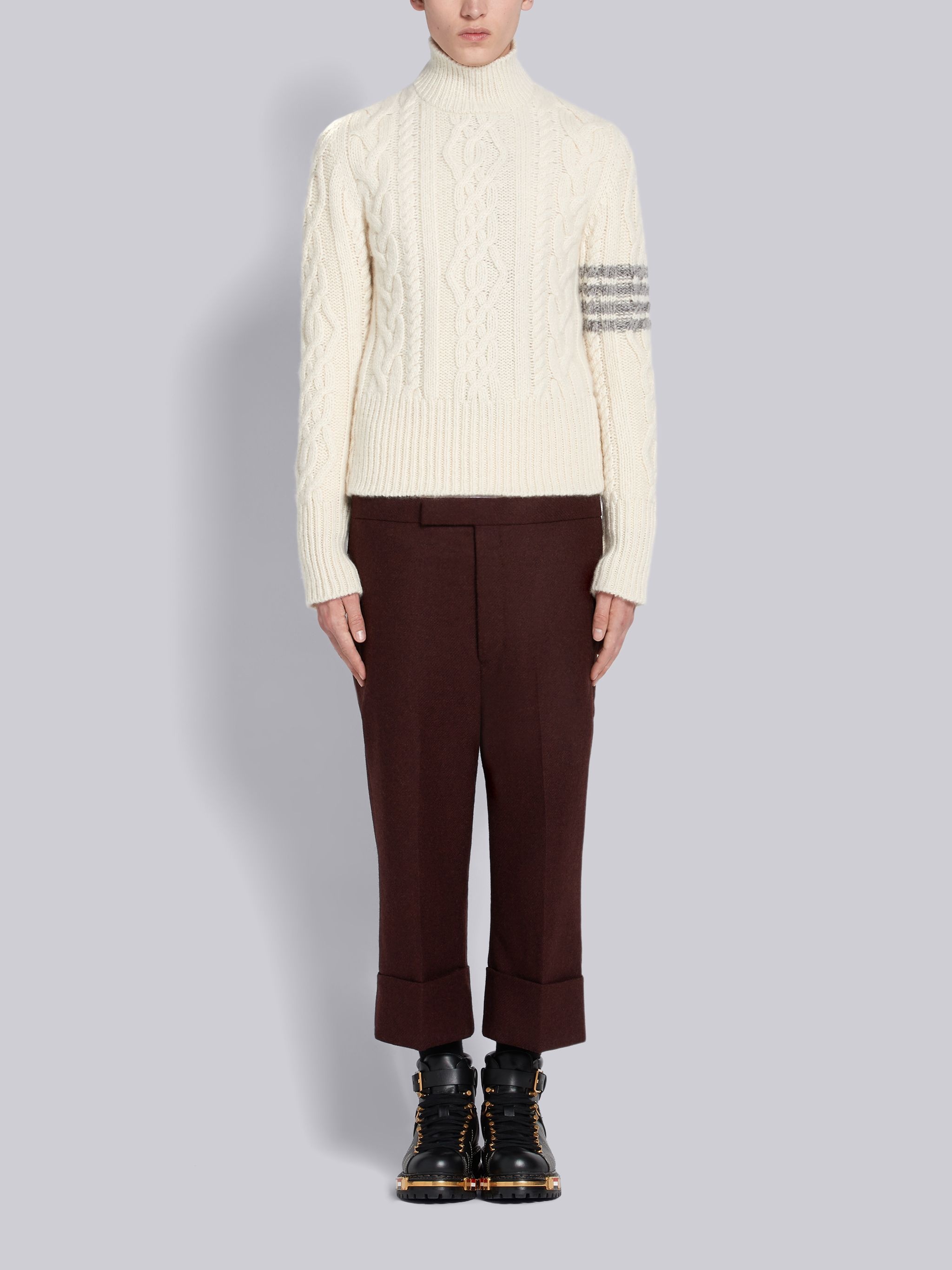 White Cashmere Aran Cable 4-bar Turtleneck - 4