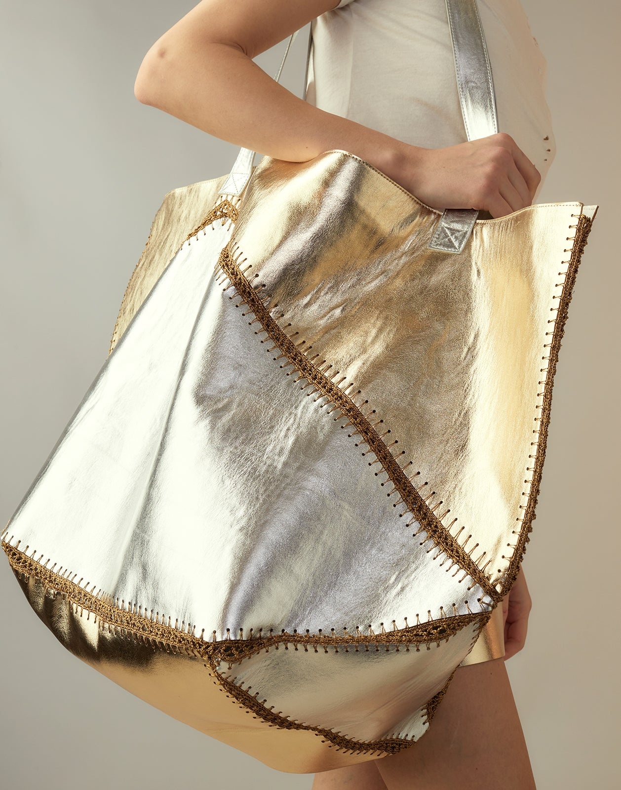 Mixed Metallic Vegan Leather Oversized Tote - 3