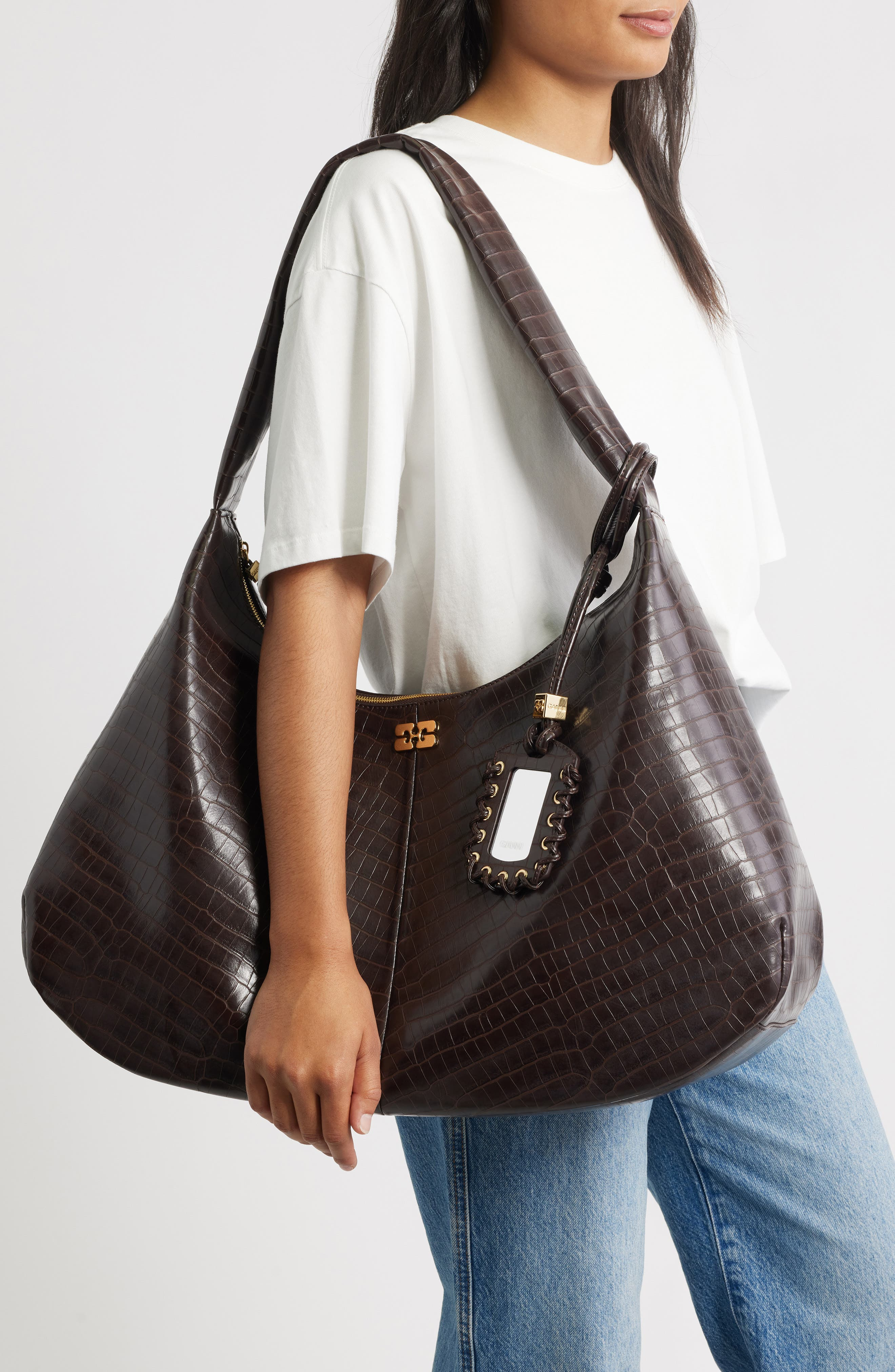 Ganni XXL Bou Croc Embossed Hobo Bag in Chocolate Fondant at Nordstrom - 2