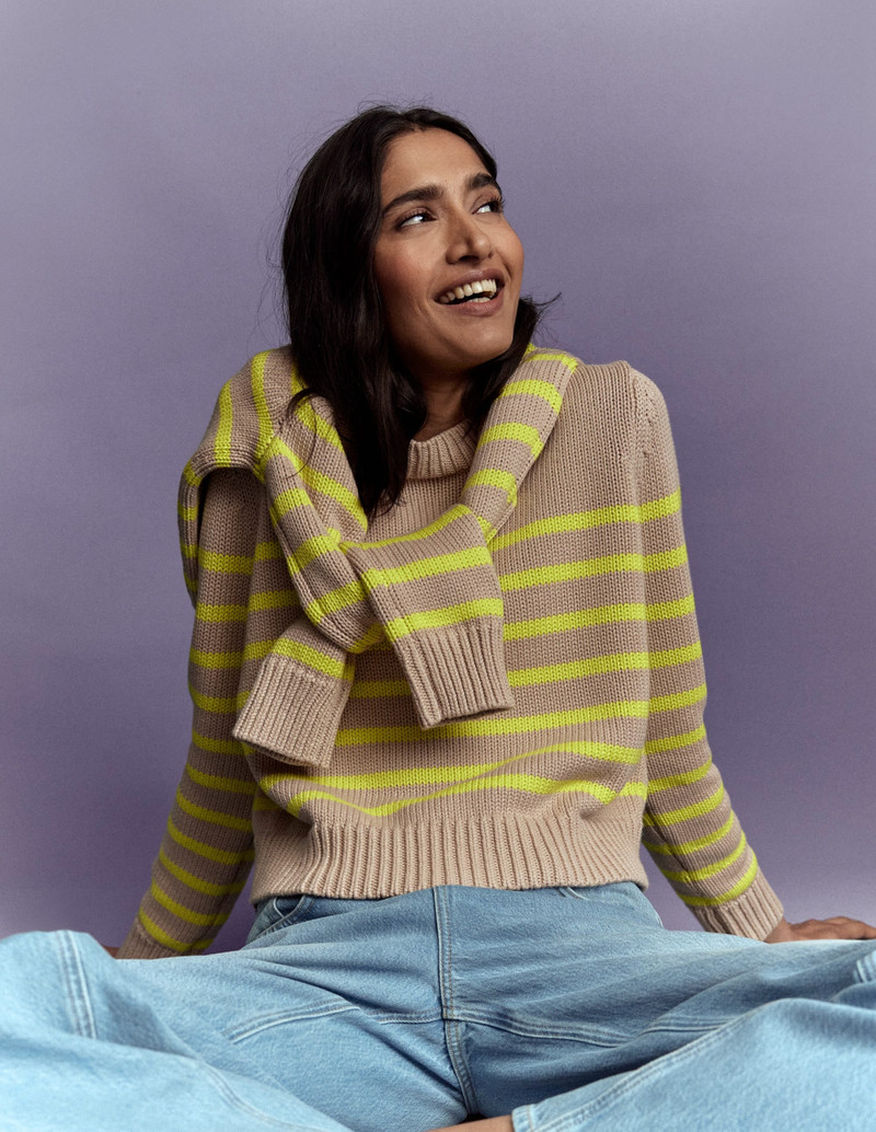 Lucy Chunky Cotton Sweater-Camel Melange, Neon Stripe - 1