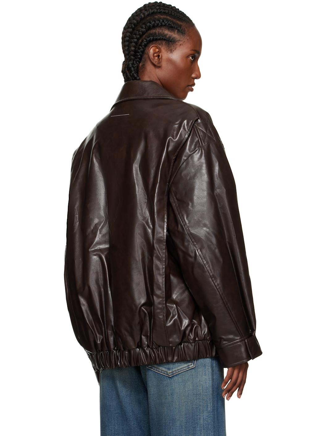 Brown Zip Faux-Leather Bomber Jacket - 3
