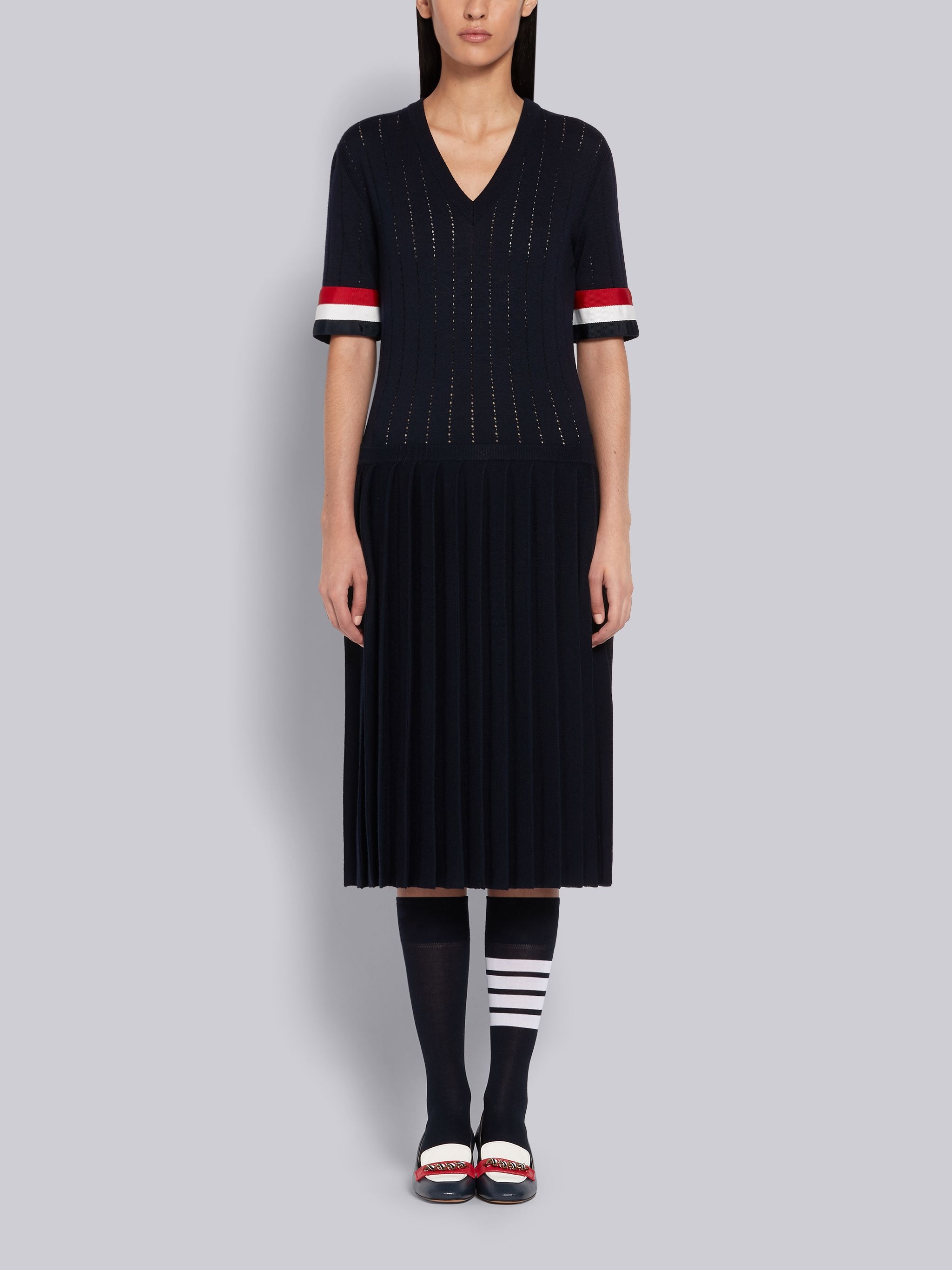 Navy Merino Wool RWB Cuff V-Neck Pleated Dress - 1