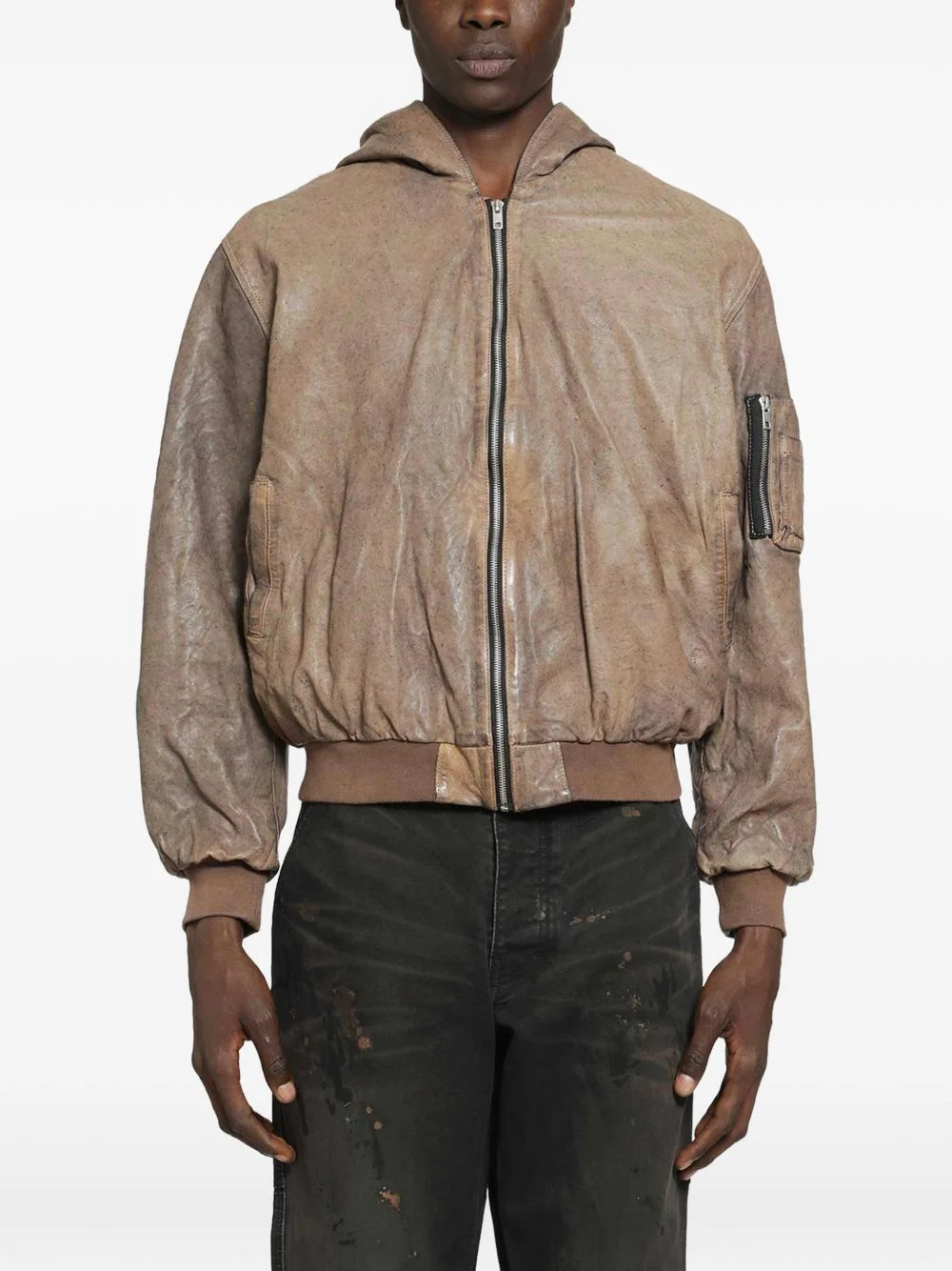 hooded leather bomber jacket - 1