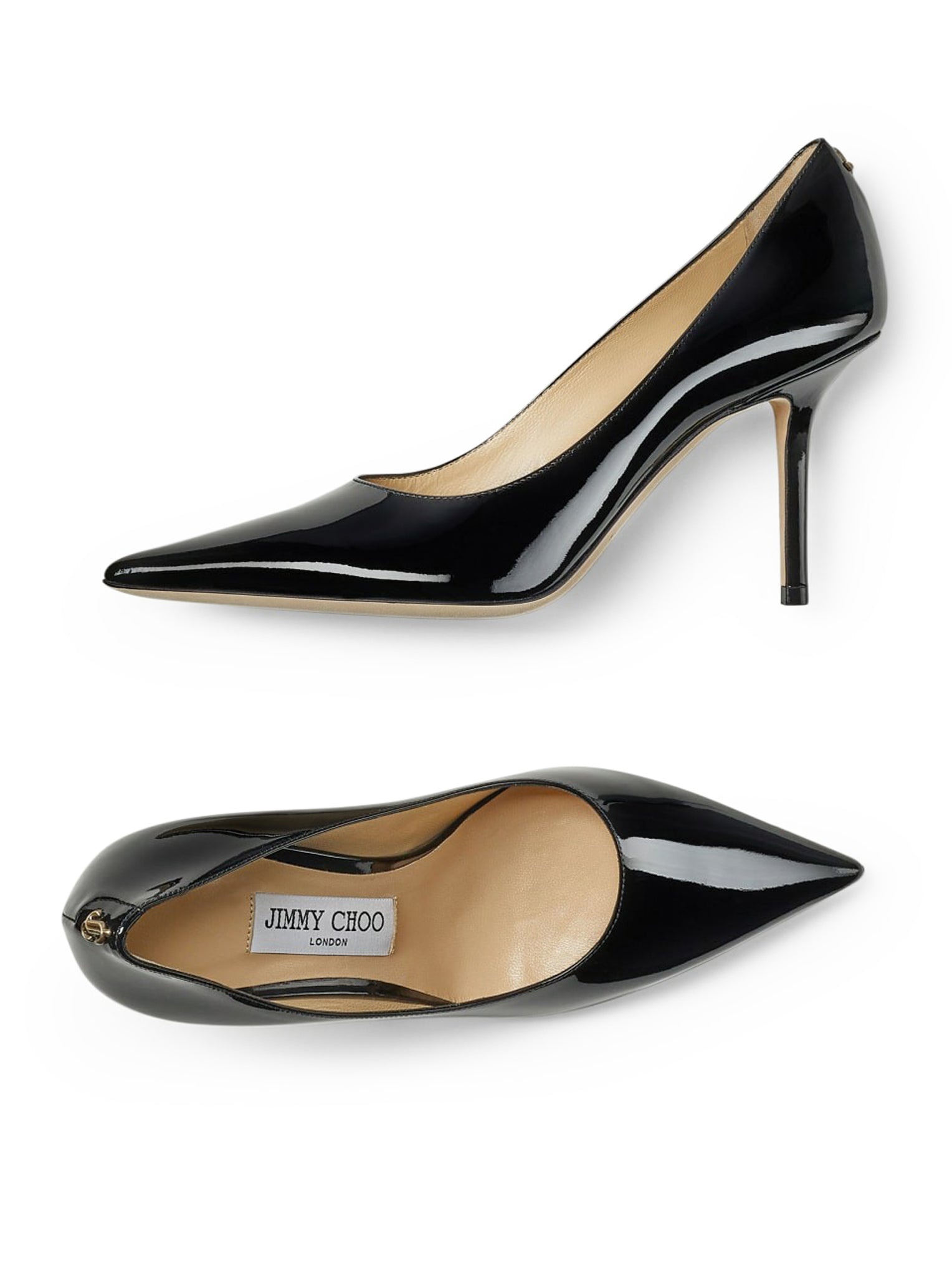 PATENT LEATHER POINTY TOE PUMPSS WITH JC EMBLEM - 5