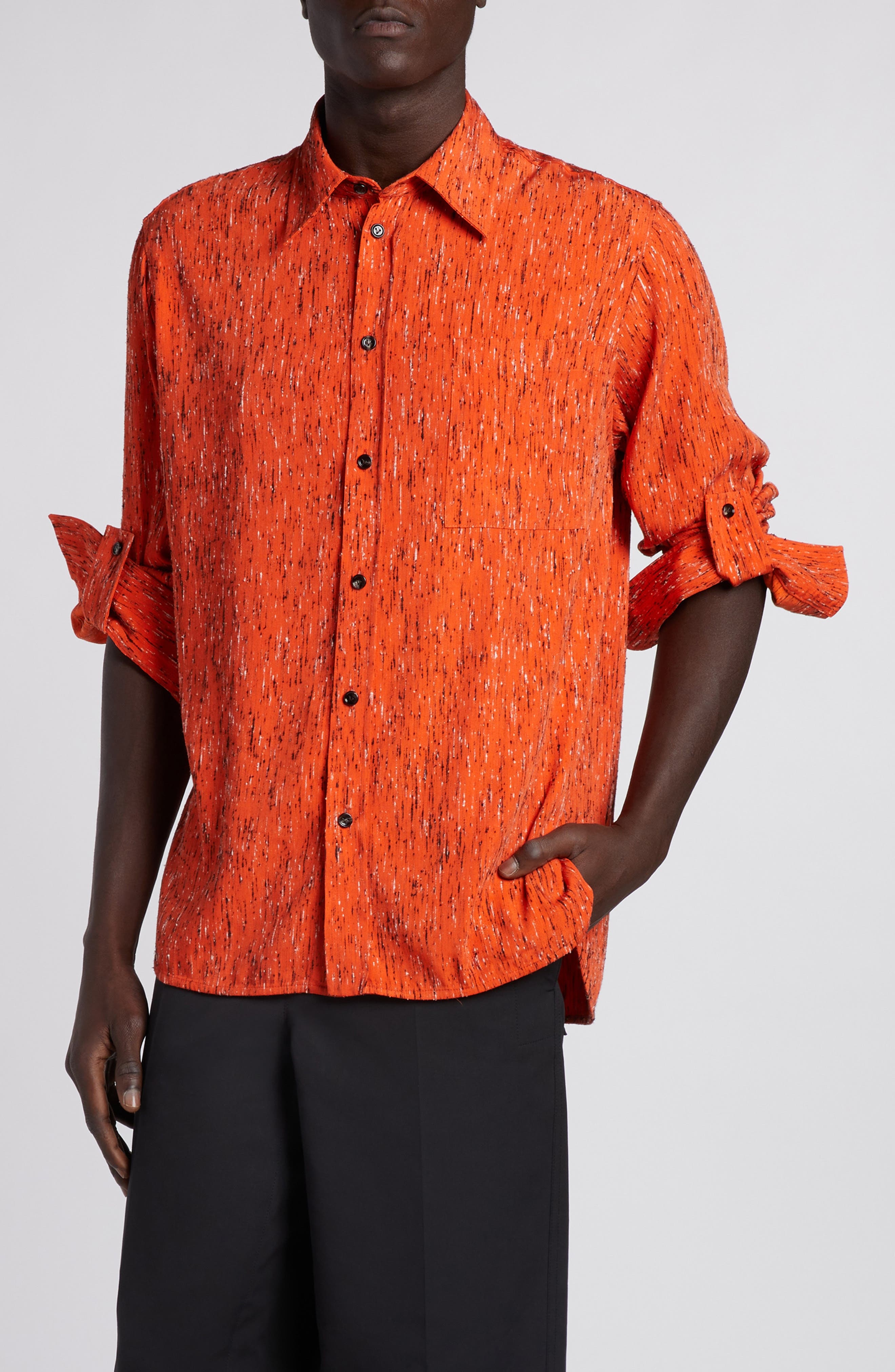 Bottega Veneta Texture Stripe Button-Up Shirt in Tulip/Black/White at Nordstrom - 1