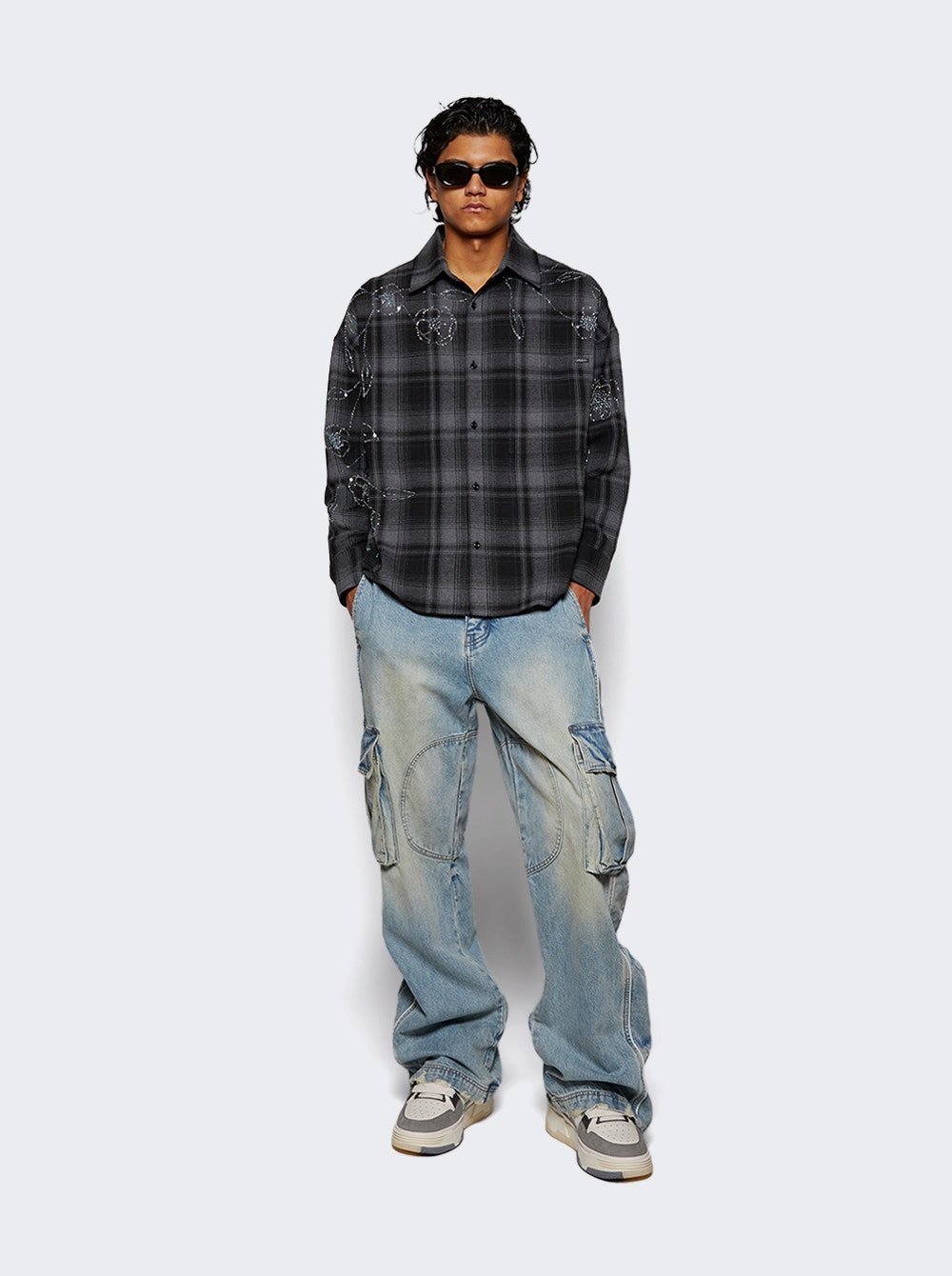 Plaid Beaded Oversized Shirt Black - 2