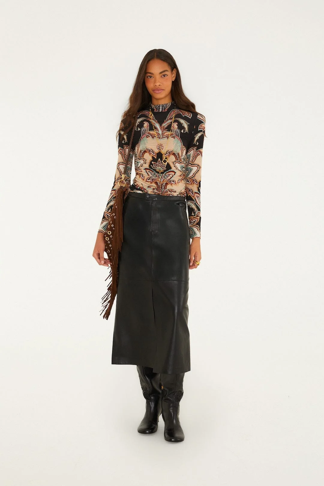 Black Leather Midi Skirt - 1