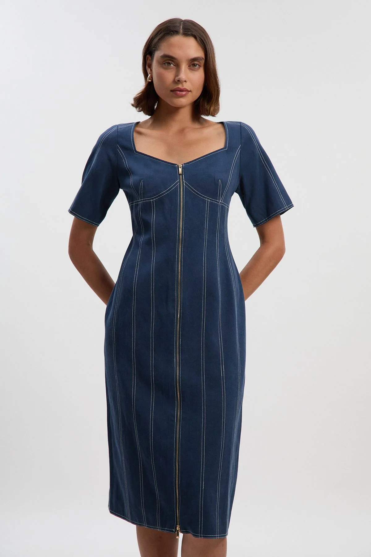 Petite Tencel Cotton Contrast Stitch Zip Front Woven Midi Dress - 1