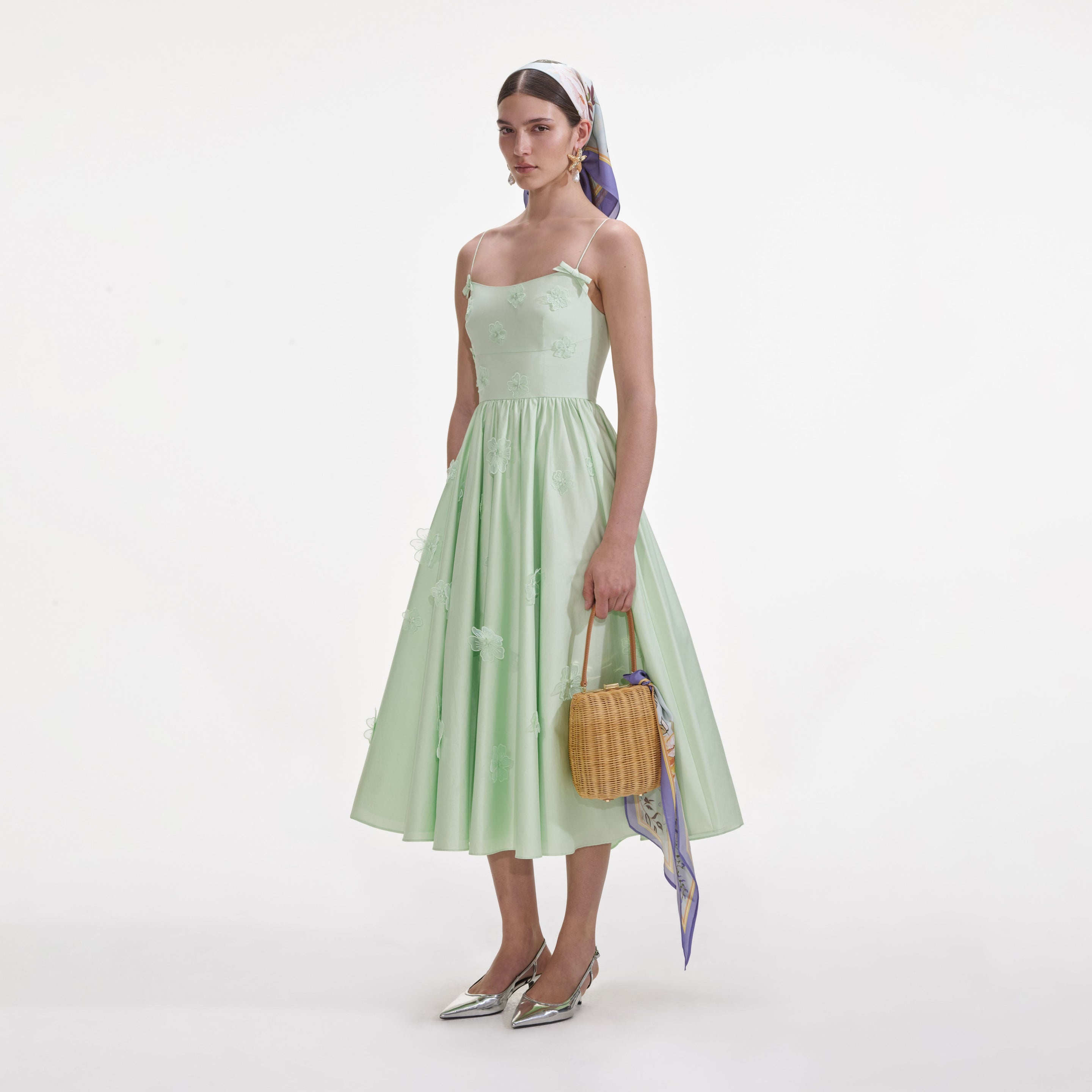 Green Cotton Flower Midi Dress - 2