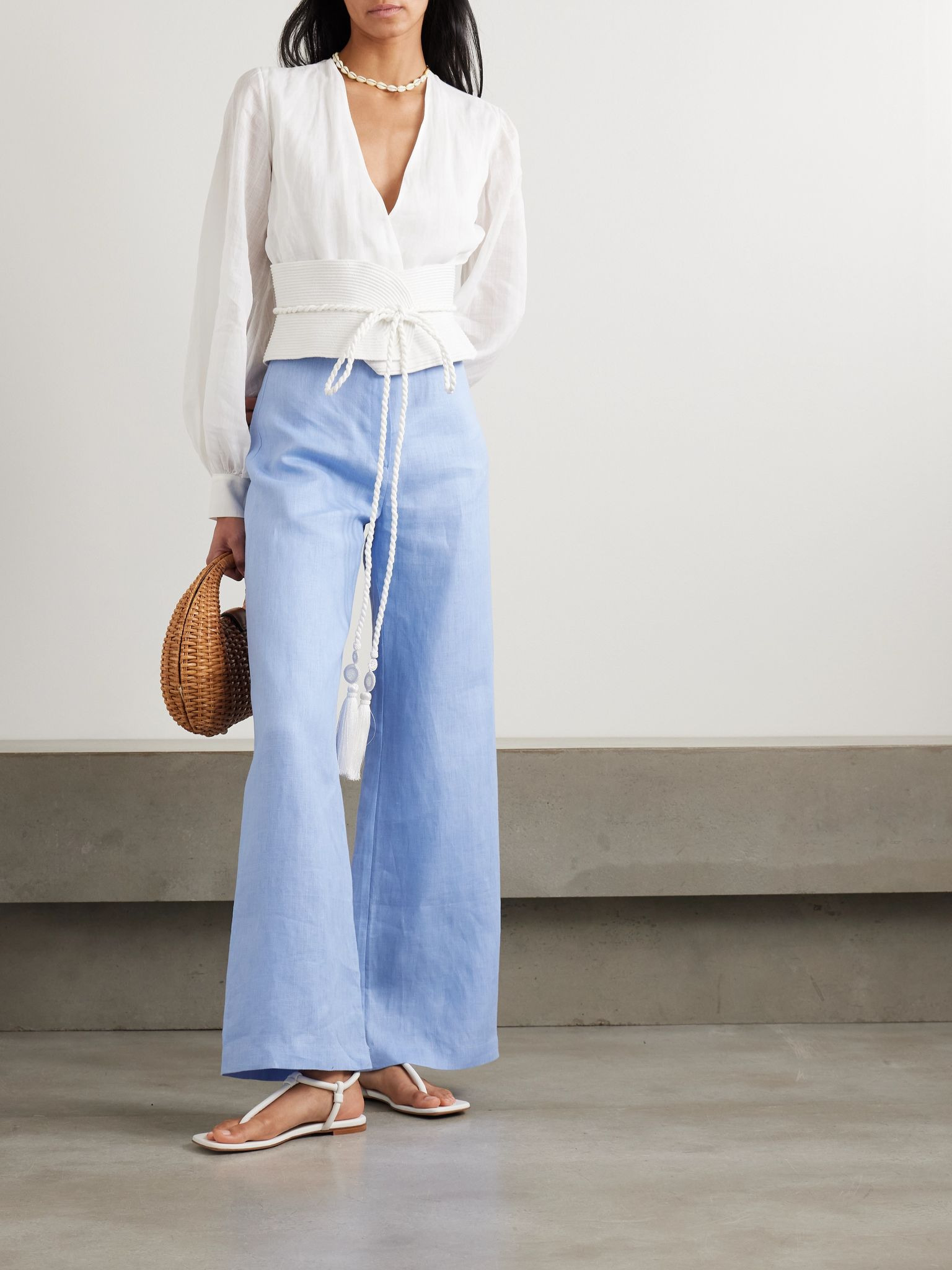 La Costa braid-trimmed belted linen blouse White - 2